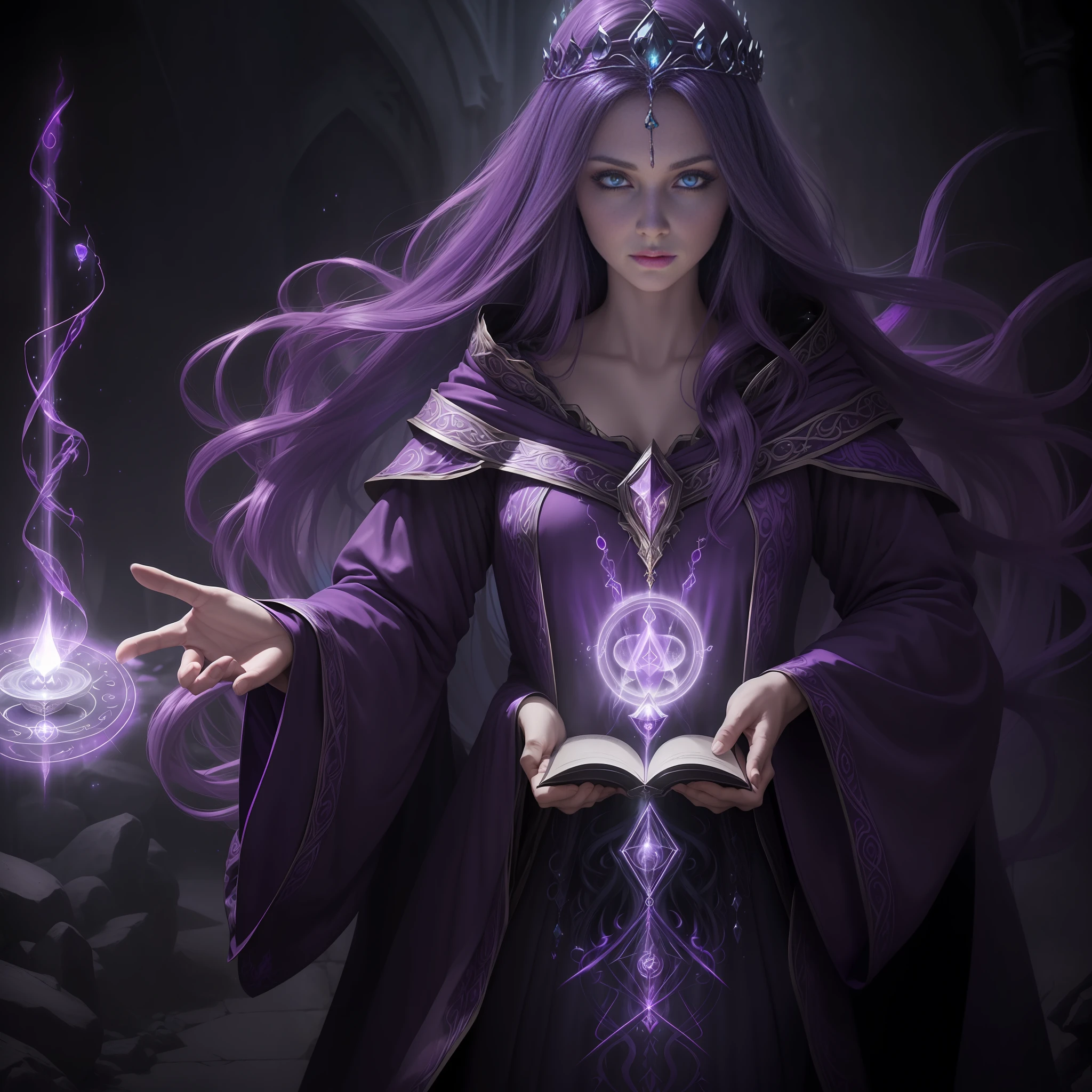 (prompt) (1beautiful sorceress queen:1.2),(realistic rendering:1.2),(conjuring spirits),(purple-blue long hair:1.3),(flowy dark clothes),(bright eyes),(mysterious, otherworldly), (misty, dimly lit), (spell circle, potion, magic book), (ethereal glow), standing up, photorealistic, photoshoot style, powerful, dark fantasy
