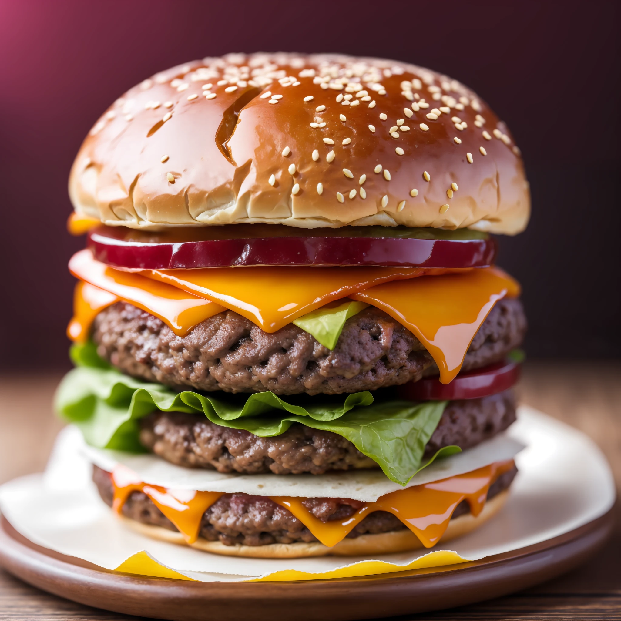 1 burger with meat and cheese on a bun, juicy burger, smoked layers, professional food photography, high quality food photography, 4K food photography, dark background