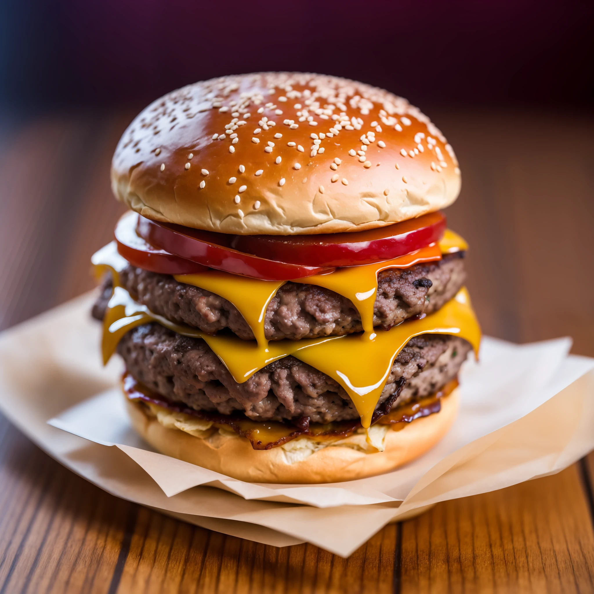 1 burger with meat and cheese on a bun, juicy burger, smoked layers, professional food photography, high quality food photography, 4K food photography, dark background