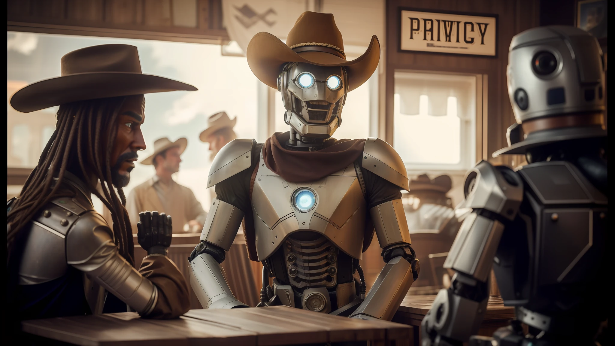 there are two people dressed up as cowboys and a robot, high definition cgsociety, cgsociety ), still frame from a movie, sony world photography awards, animatronics, pulp science fiction, gray anthropomorphic, character mashup, historical photography