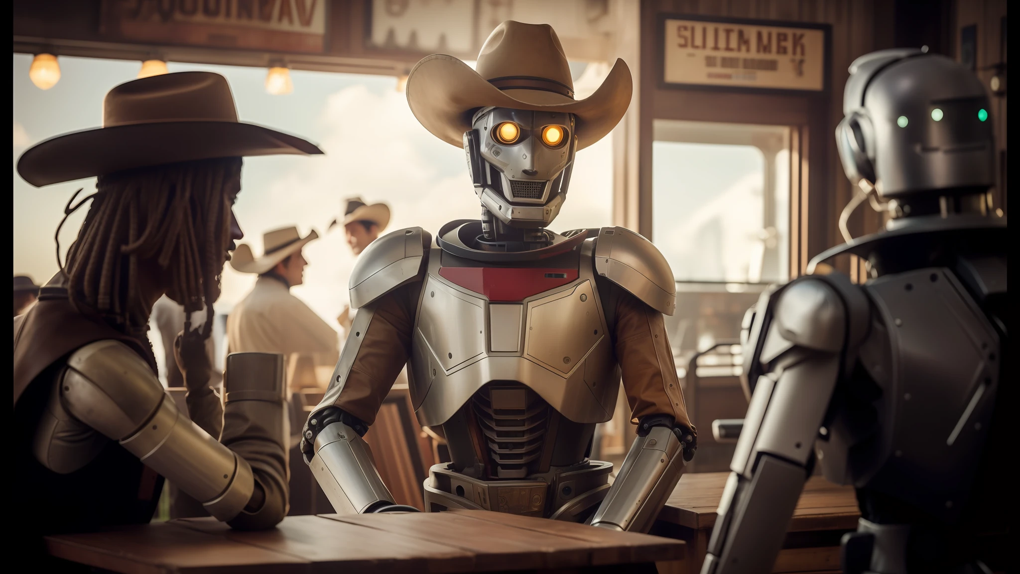 there are two people dressed up as cowboys and a robot, high definition cgsociety, cgsociety ), still frame from a movie, sony world photography awards, animatronics, pulp science fiction, gray anthropomorphic, character mashup, historical photography