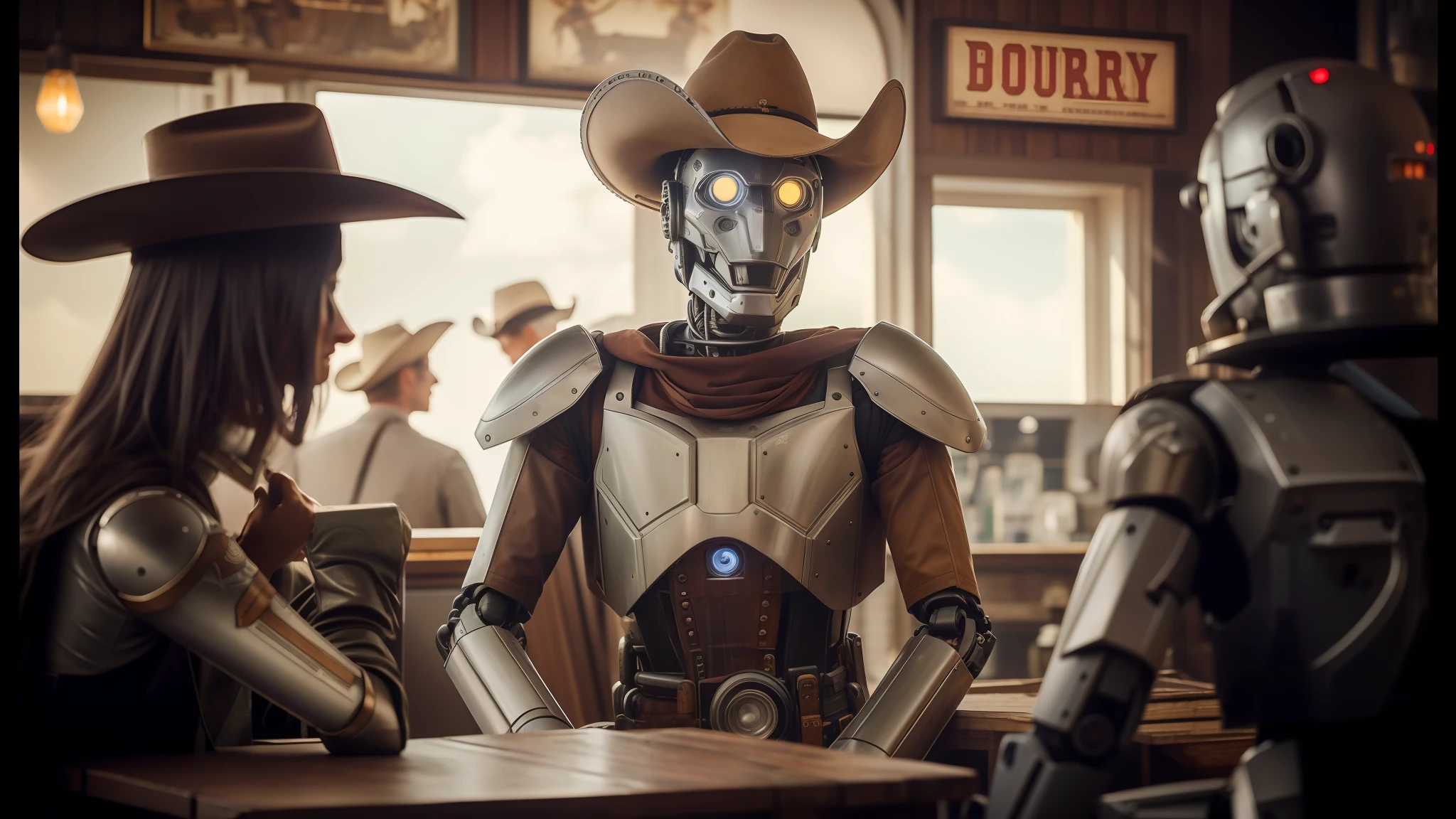 there are two people dressed up as cowboys and a robot, high definition cgsociety, cgsociety ), still frame from a movie, sony world photography awards, animatronics, pulp science fiction, gray anthropomorphic, character mashup, historical photography