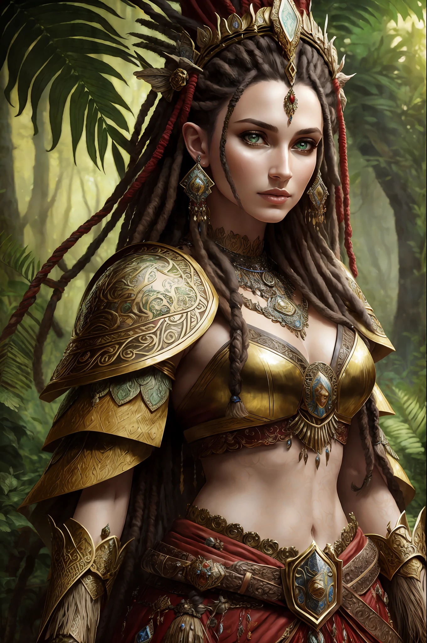 fantasy shaman, beautiful hungarian|indonesian woman, with dreadlocks, wearing ornate intricately decorated leather armor, realistic render, Dungeons and Dragons, Fantasy, octane render, zbrush. Character design, photorealistic, unreal engine, hyper-detailed, concept art, trending on art station. ((best quality)), ((masterpiece)), ((realistic)), (detailed), close up portrait, full body portrait, hazel eyes, wearing leather armor, highly detailed skin and hair, looking at the viewer, Fantasy art, stunning gradient colors, no watermark signature, closed mouth, detailed background, lush jungle, closed mouth, insanely detailed, ((masterpiece)), absurdres, HDR.