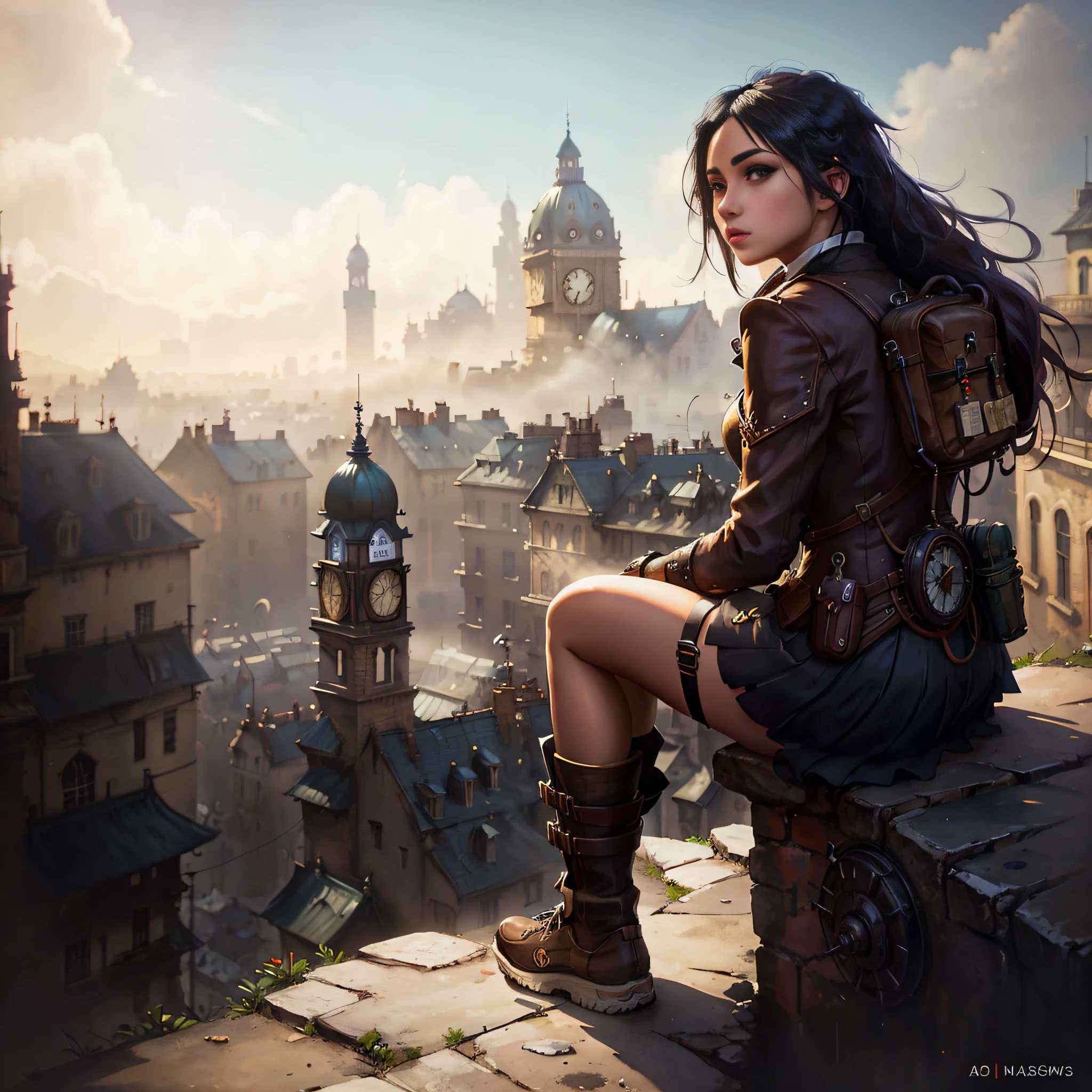 anime girl sitting on a ledge overlooking a city with a clock tower, stylized urban fantasy artwork, in steampunk cityscape, wojtek fus, in front of a fantasy city, cinematic photograph concept art, gothic city streets behind her, alena aenami and artgerm, matte painting portrait shot, urban fantasy style, beautiful digital artwork, in a post apocalyptic setting, ((Top quality, 8k, masterpiece: 1.3))