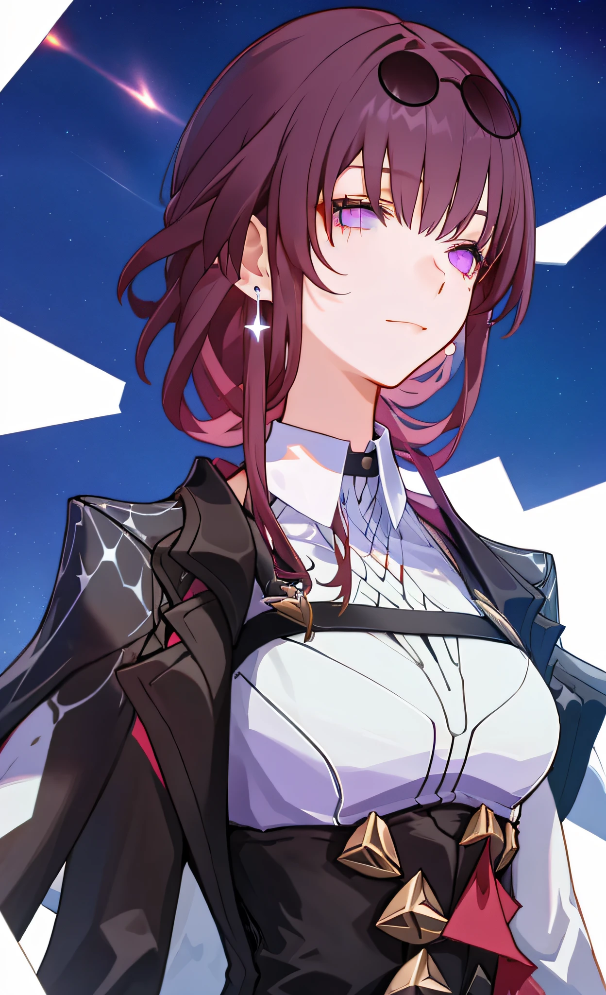 purple eyes, wine colored, blank, cold, melancholic look