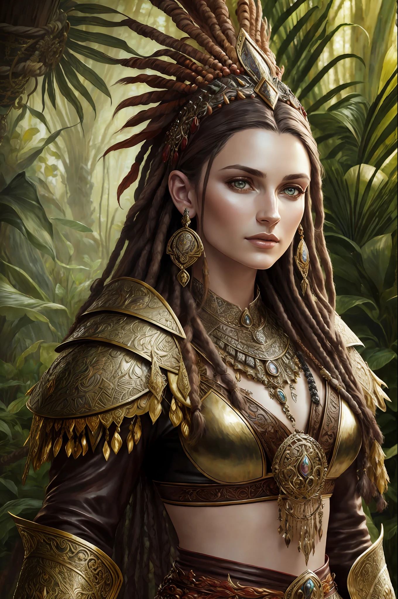 fantasy shaman, beautiful hungarian|indonesian woman, with dreadlocks, wearing ornate intricately decorated leather armor, realistic render, Dungeons and Dragons, Fantasy, octane render, zbrush. Character design, photorealistic, unreal engine, hyper-detailed, concept art, trending on art station. ((best quality)), ((masterpiece)), ((realistic)), (detailed), close up portrait, full body portrait, hazel eyes, wearing leather armor, highly detailed skin and hair, looking at the viewer, Fantasy art, stunning gradient colors, no watermark signature, closed mouth, detailed background, lush jungle, closed mouth, insanely detailed, ((masterpiece)), absurdres, HDR.