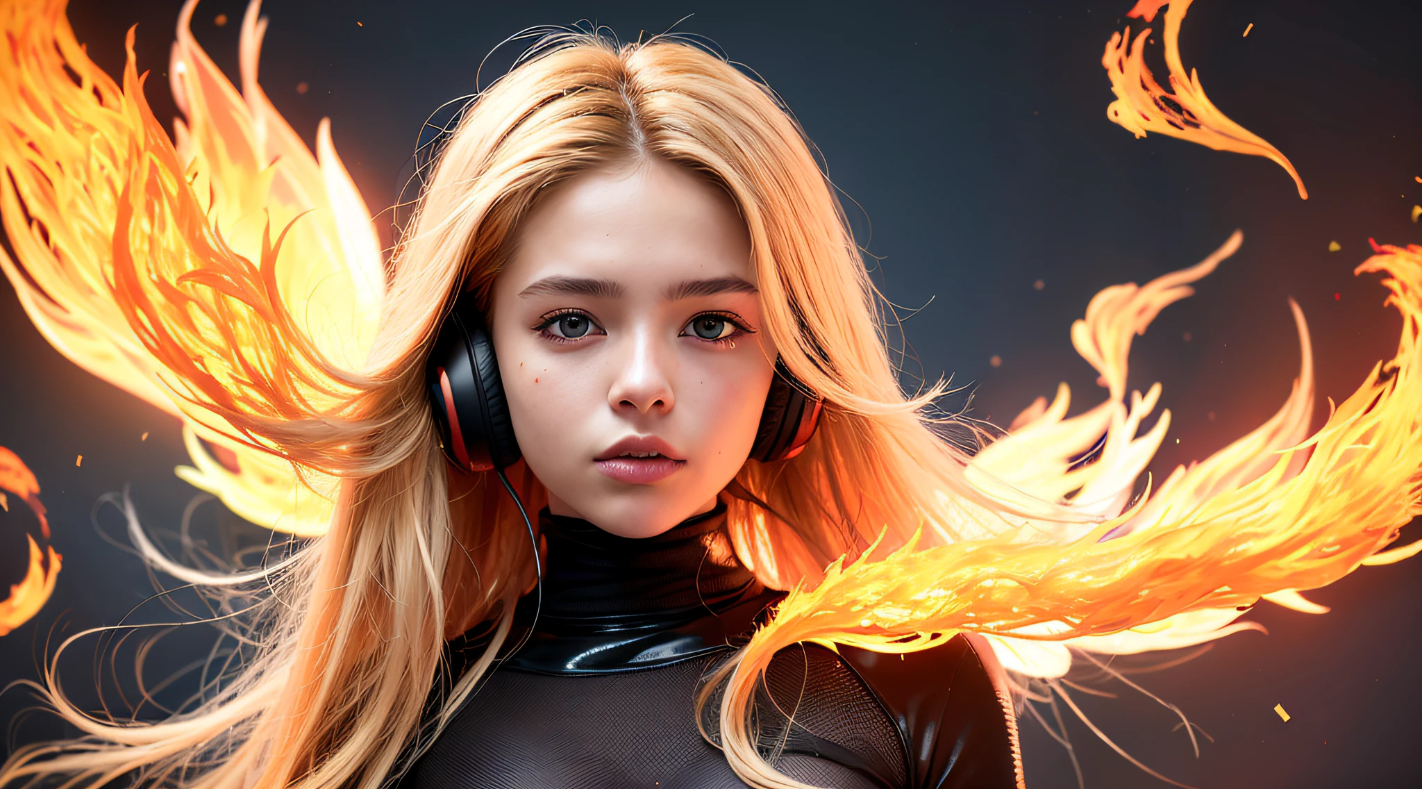 there is a 14 YEAR OLD GIRL in black top and headphones, LONG BLONDE HAIR, PORTRAIT STYLE, CLOSE UP, portrait photo, background art, wearing tumultuous flames, flames surround her, her body made of flames, on fire, on fire, goddess of hot fire, girl wearing headphones, burning in hell, flames around her body, Her hair is on fire, intense steaming, burning atmosphere, engulfed in swirling flames