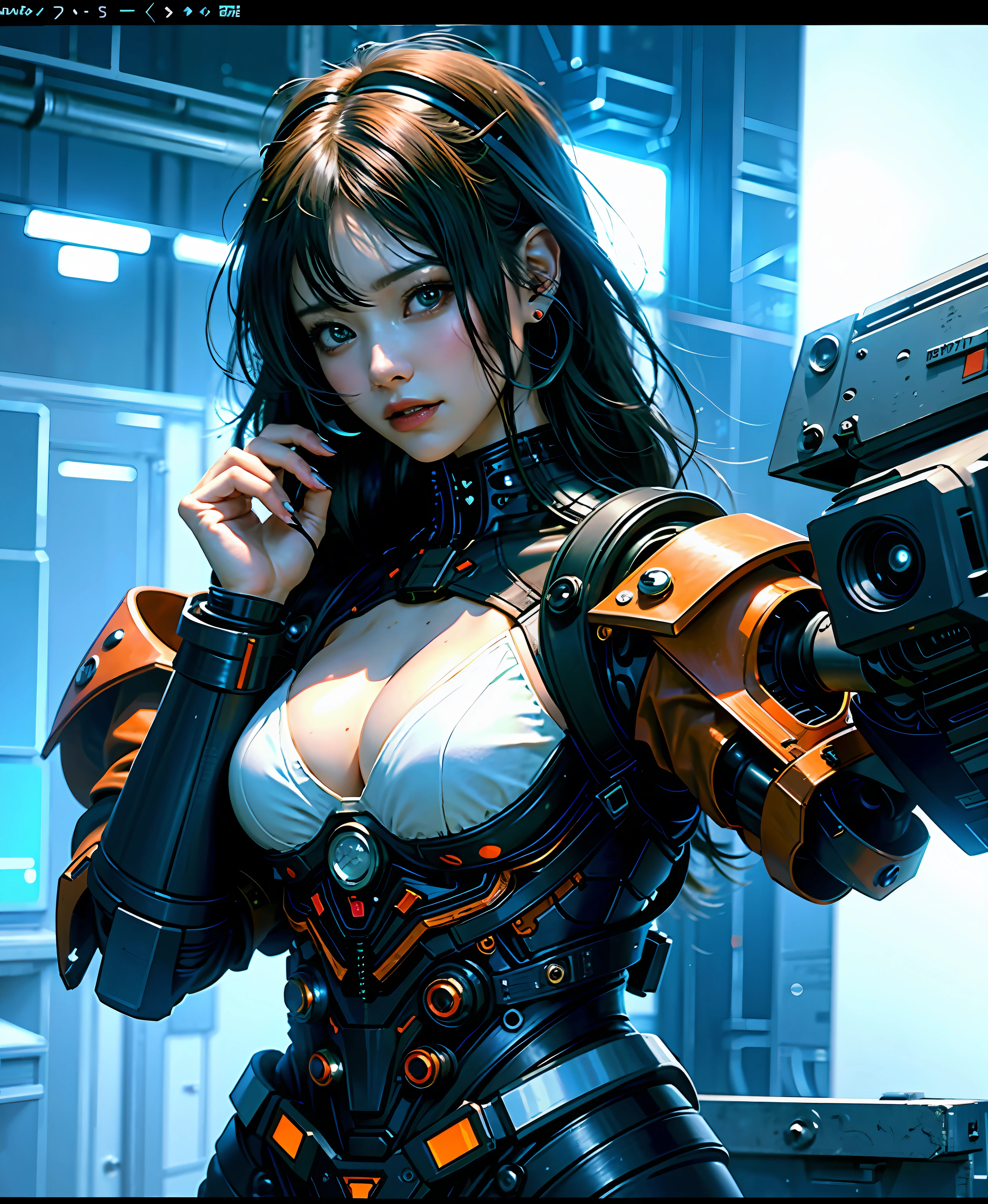 Cyber woman in futuristic suit posing for photo, face and breasts are raw, cleavage is visible, big, cyberpunk, wlop. Sci-Fi, Gundam, Cyberpunk Anime Girl Mecha, Female Cyberpunk Anime Girl, Mecha Cyber Armor Girl, Biomechanical, Cybersuit, CGSesociety Masterpiece, WLOP and Krenz Kuschat, Cute Cyborg Girl, Cyborg Girl, Digital Cyberpunk Anime Art, Wojtek Fus