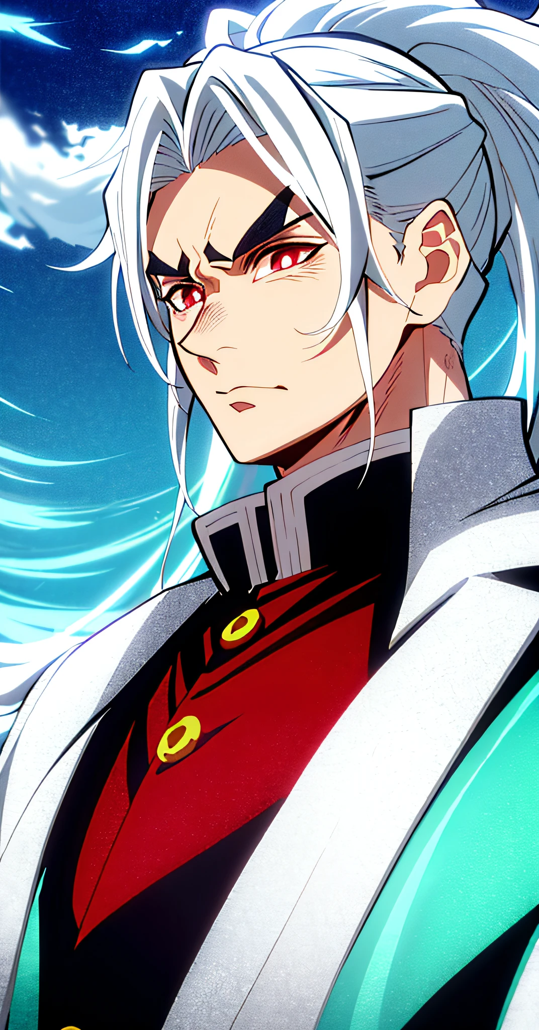 Kimetsu no Yaiba style Wind Hashira, handsome male in a Demon Slayer Uniform, thick eyebrows, long white hair, hair tied in back, flowing hair, chiseled confident face, red eyes, anime coloring, red accents, high detail, high contrast, blue sky, ((masterpiece))