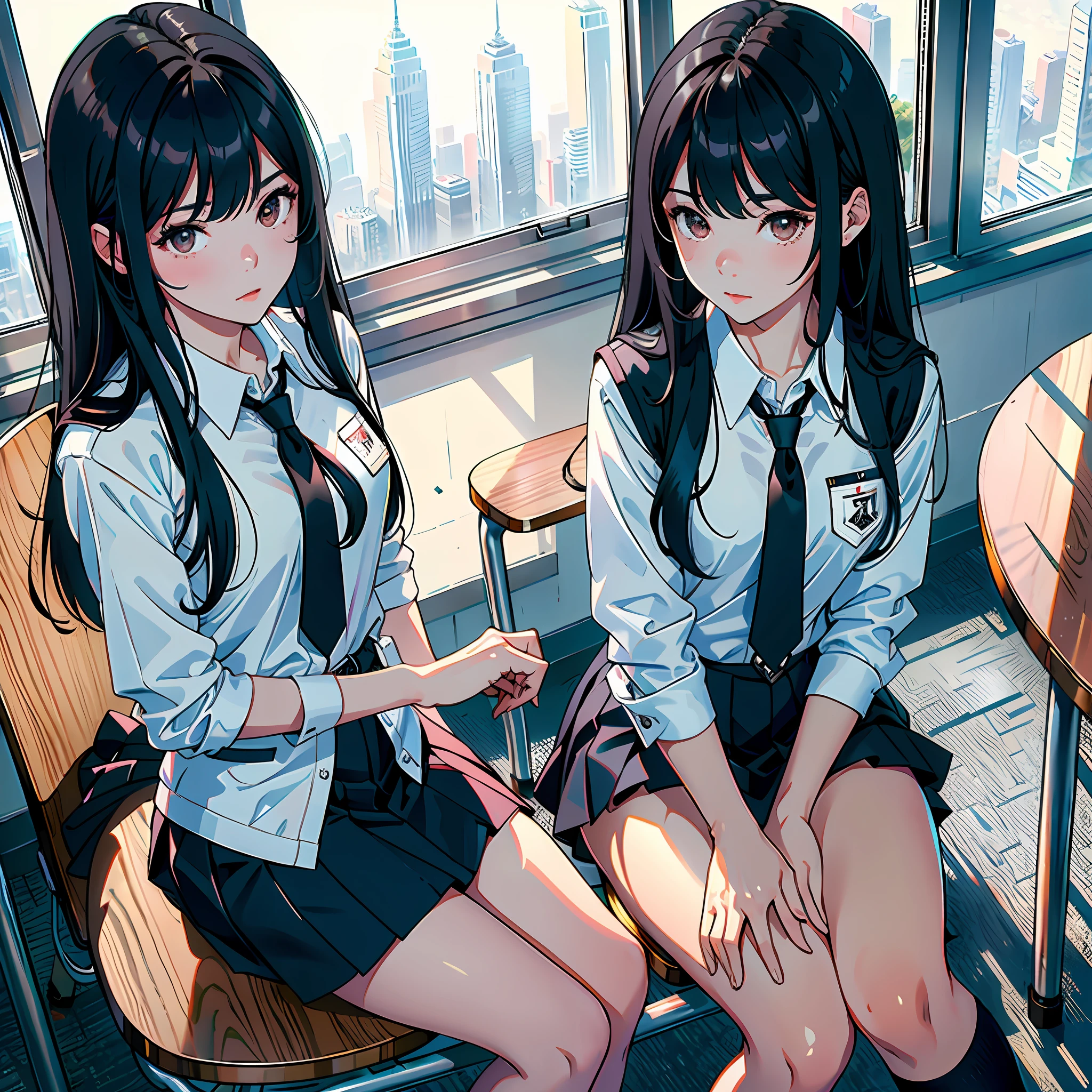 Ultra high resolution, 16k, ((masterpiece)), ((best quality))), ((super detailed)), a girl, long black hair, high school uniform, in the school conference room, sitting on a stool, against the window, the girl's are sitting a lot of people