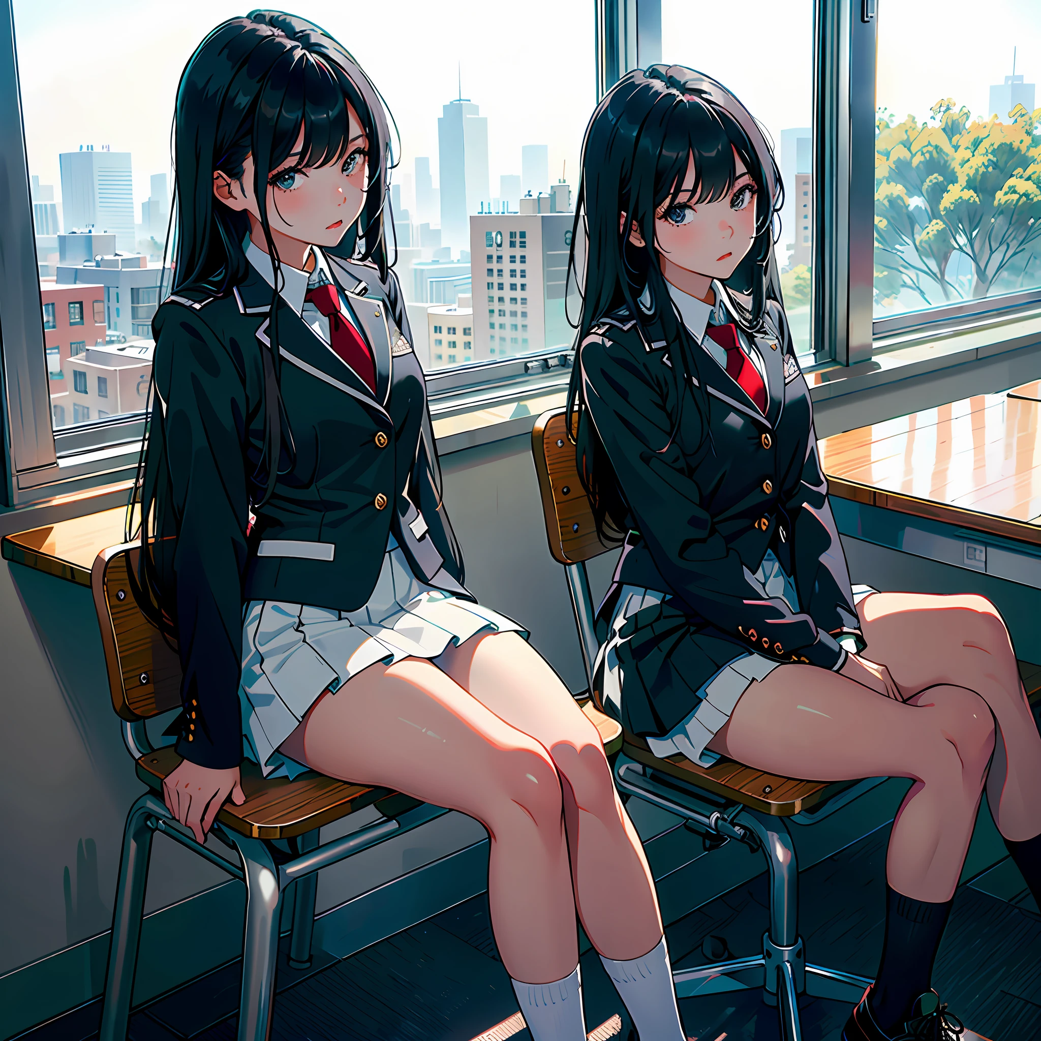 Ultra high resolution, 16k, ((masterpiece)), ((best quality))), ((super detailed)), a girl, long black hair, high school uniform, in a school conference room, sitting on a stool, leaning against the window, looking at the stool next to it
