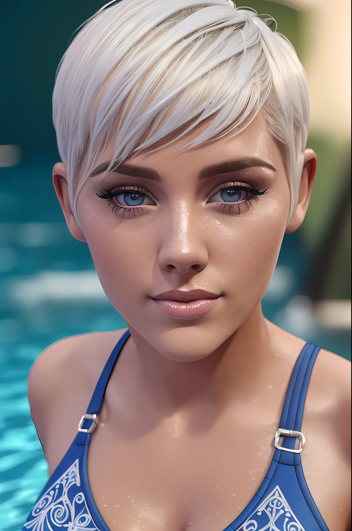 (((sfw))), beautiful white swedish blonde woman swimmer in a vintage swimsuit, ((pinup style)), 30 years old, platinum hair, short hair, (((pixie cut))), devil_smile, azure eyes, (big ass), sexy abs, (masterpiece:1.25) (photorealistic:1.5) (bokeh) (best quality) (intricate details) (8k) (high poly) (ray tracing) (cinematic lighting) (sharp focus) (detailed face) (detailed pupils)