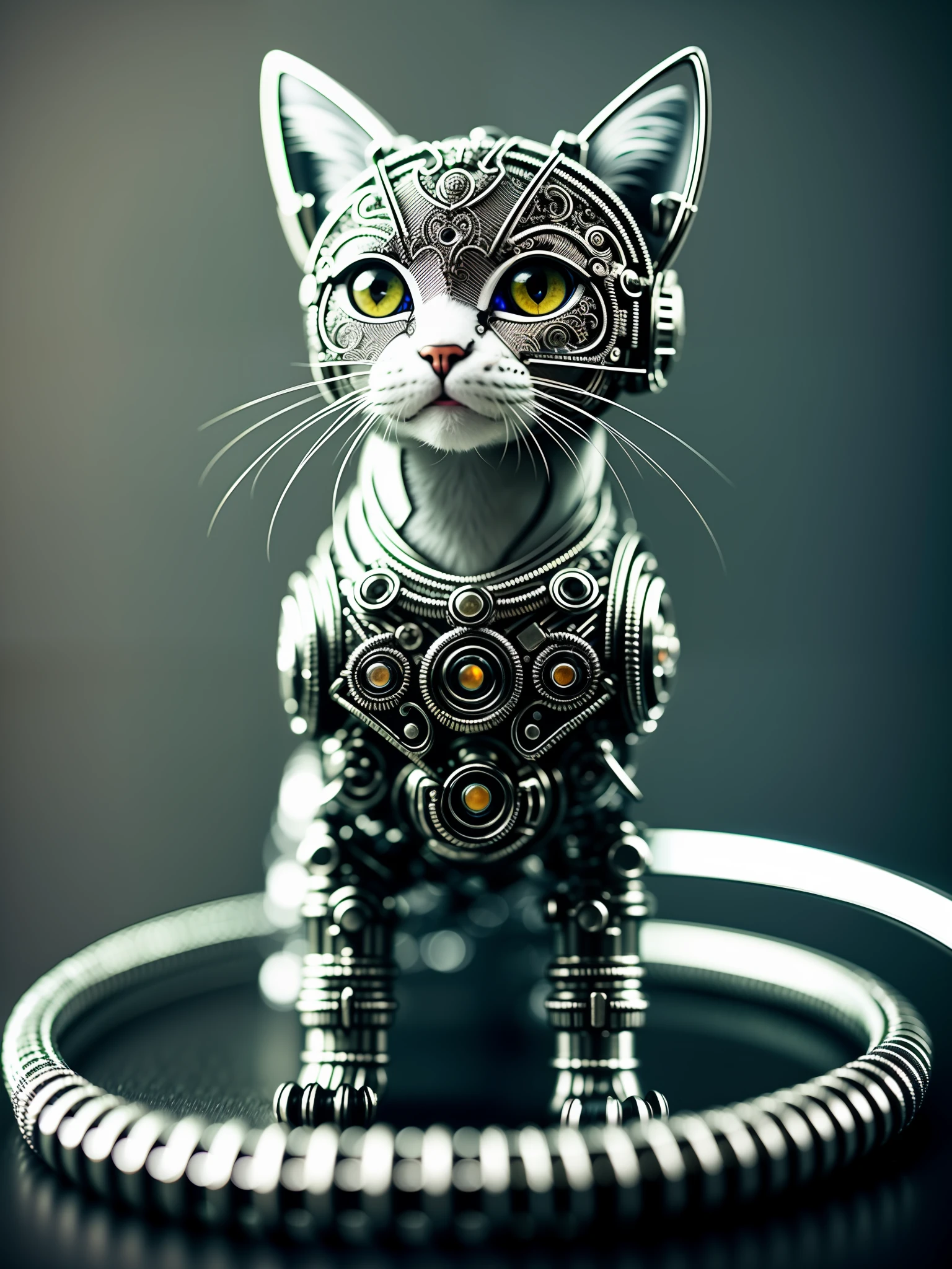 a cute kitten made out of metal, (cyborg:1.1), ([tail | detailed wire]:1.3), (intricate details), hdr, (intricate details, hyperdetailed:1.2), cinematic shot, vignette, centered