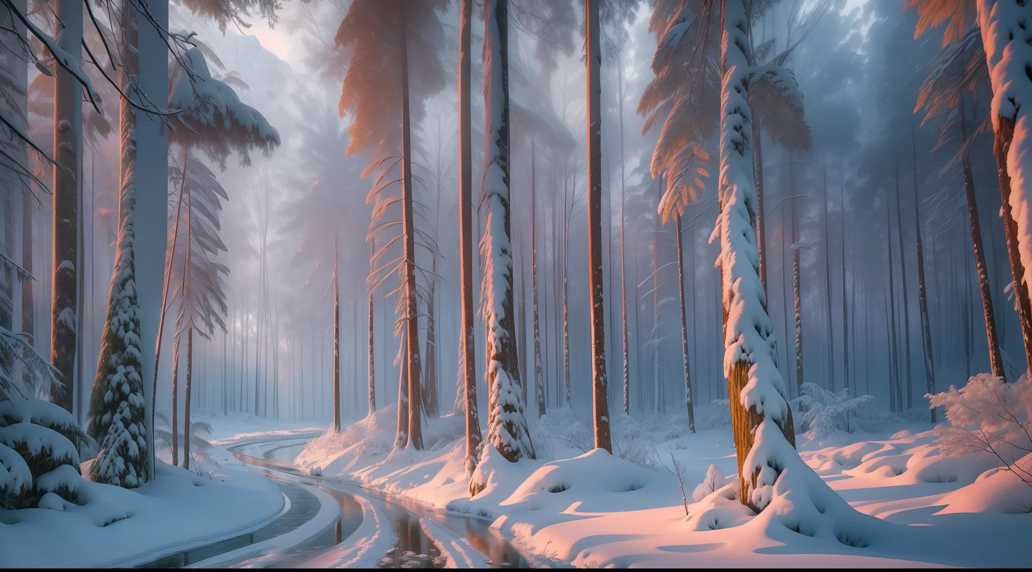 stunning view, high quality professional hyper-realistic scenery containing a picturesque nature of a wild jungle in winter in the morning hail time, (ambient lighting), 8k resolution, detailed, focus, mid-range naturalism shot, dramatic darkness by Guy Tal