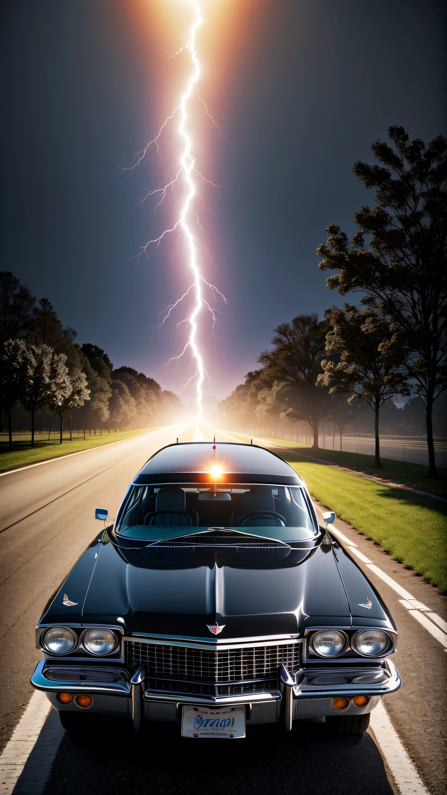 gantz monster,by mooncryptowow,gantz monster,by mooncryptowow,(matte black 1970 Cadillac Sedan Deville de elegance) low rider, black windows, no chrome, golden glow underneath, driving down dark road, full moon, background lightning and fog, old church