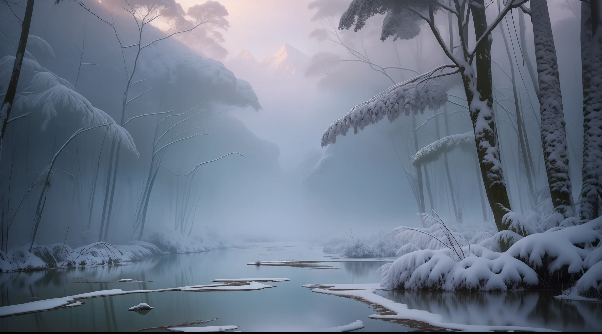 stunning view, high quality professional hyper-realistic scenery containing a picturesque nature of a wild jungle in winter in the morning hail time, (ambient lighting), 8k resolution, detailed, focus, mid-range naturalism shot, dramatic darkness by Guy Tal