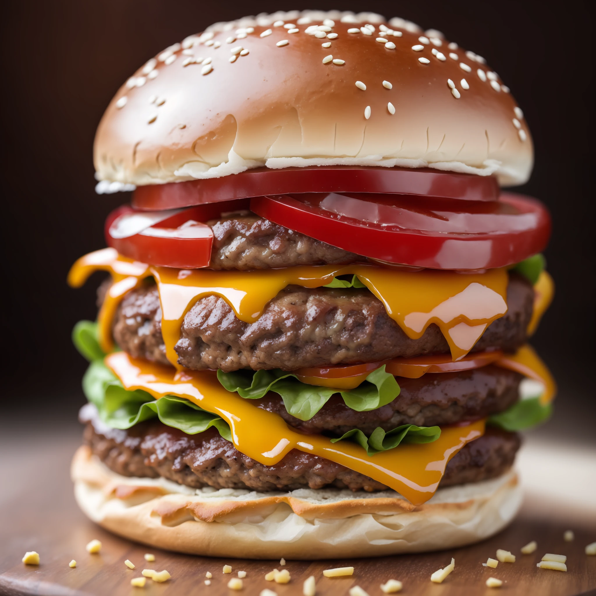 burger with meat and cheese on a bun, burger split in half, juicy, smoked layers, professional food photography, high quality food photography, 4K food photography, dark background