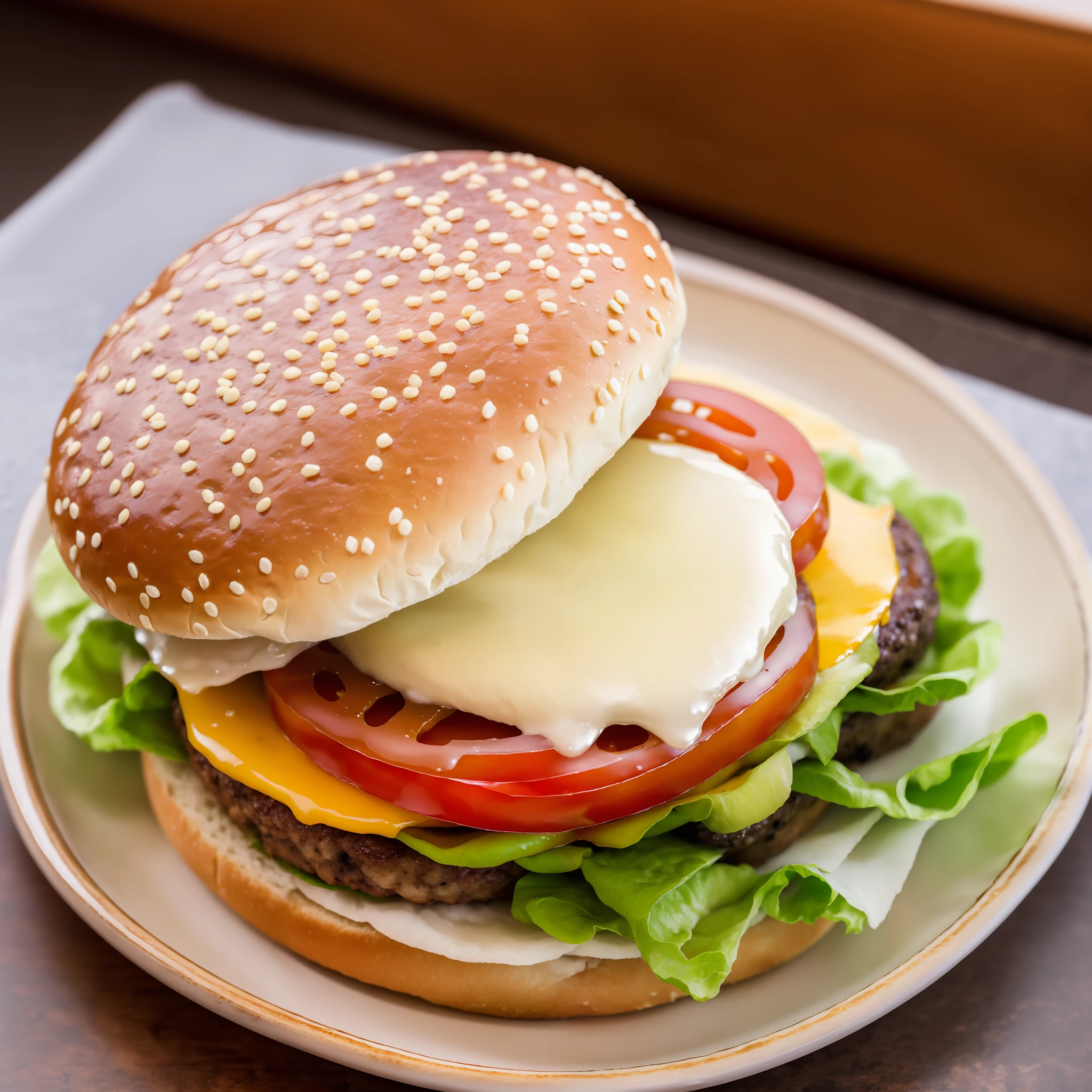classic burger, highlight the simplicity and beauty of a classic burger, capture the soft and golden bread, with a slightly crunchy texture, show the juicy burger in the center, topped with melted cheese and accompanied by crispy lettuce and tomato slices, 4K food photography, dark background, high-quality food photography