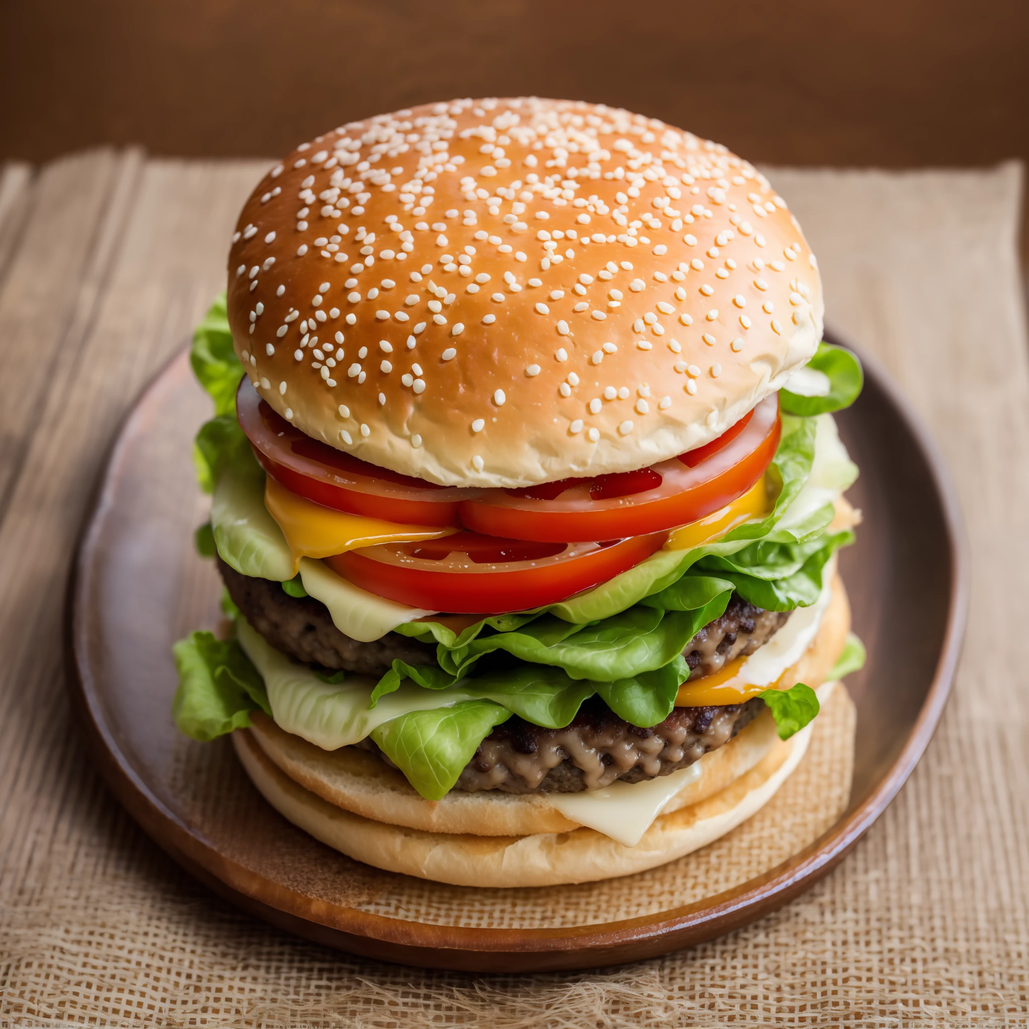 classic burger, highlight the simplicity and beauty of a classic burger, capture the soft and golden bread, with a slightly crunchy texture, show the juicy burger in the center, topped with melted cheese and accompanied by crispy lettuce and tomato slices, 4K food photography, dark background, high-quality food photography