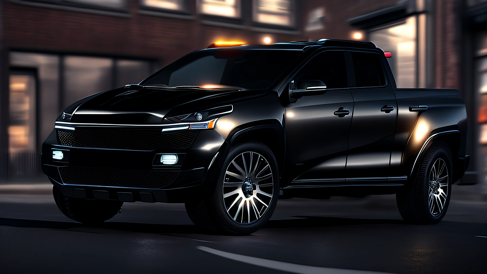 Imagine black pickup truck on street with buildings in the background, hyper rendered photo, hyper rendered detailing, with hyper realistic headlights, ultra realistic chrome details, professional photo, hyper rendered photo, ultra rendered CGI