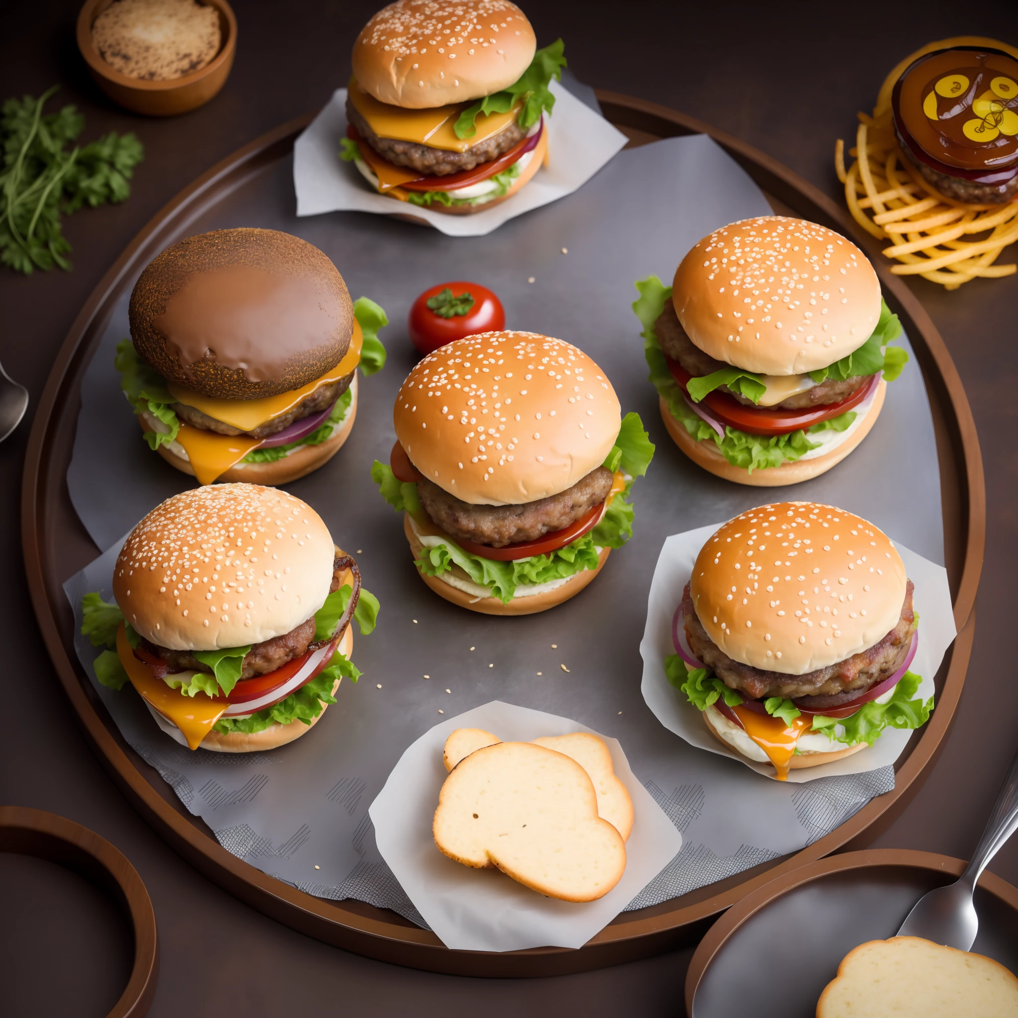 gourmet burger, elaborate gourmet burger, with unique ingredients, show the details of the ingredients such as smoked bacon and caramelized onions, burger at an angle that highlights the height and layer of ingredients, 4K food photography, dark background, high quality food photography, professional food photography