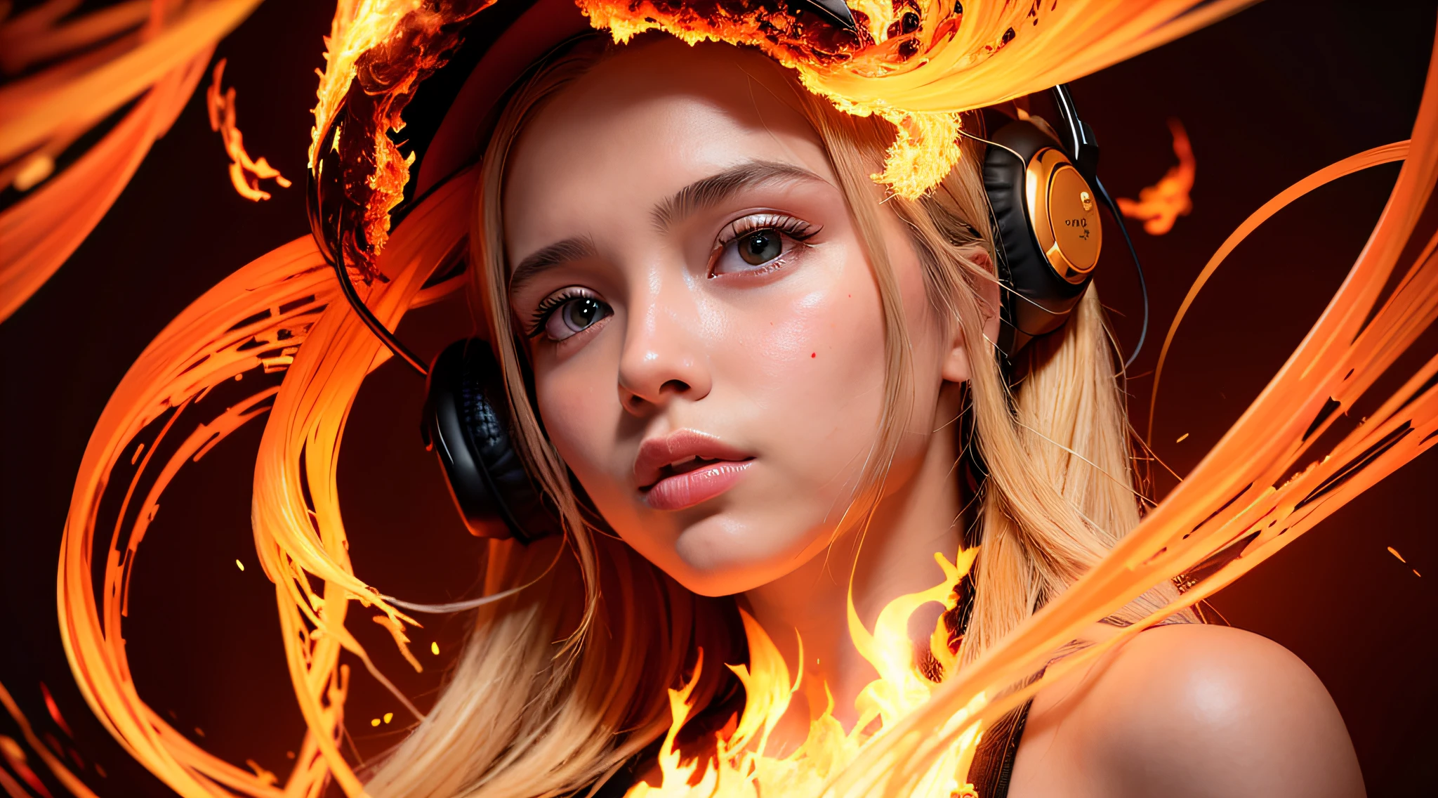 there is a 14 YEAR OLD GIRL in black top and headphones, LONG BLONDE HAIR, PORTRAIT STYLE, CLOSE UP, portrait photo, background art, wearing tumultuous flames, flames surround her, her body made of flames, on fire, on fire, goddess of hot fire, girl wearing headphones, burning in hell, flames around her body, Her hair is on fire, intense steaming, burning atmosphere, engulfed in swirling flames