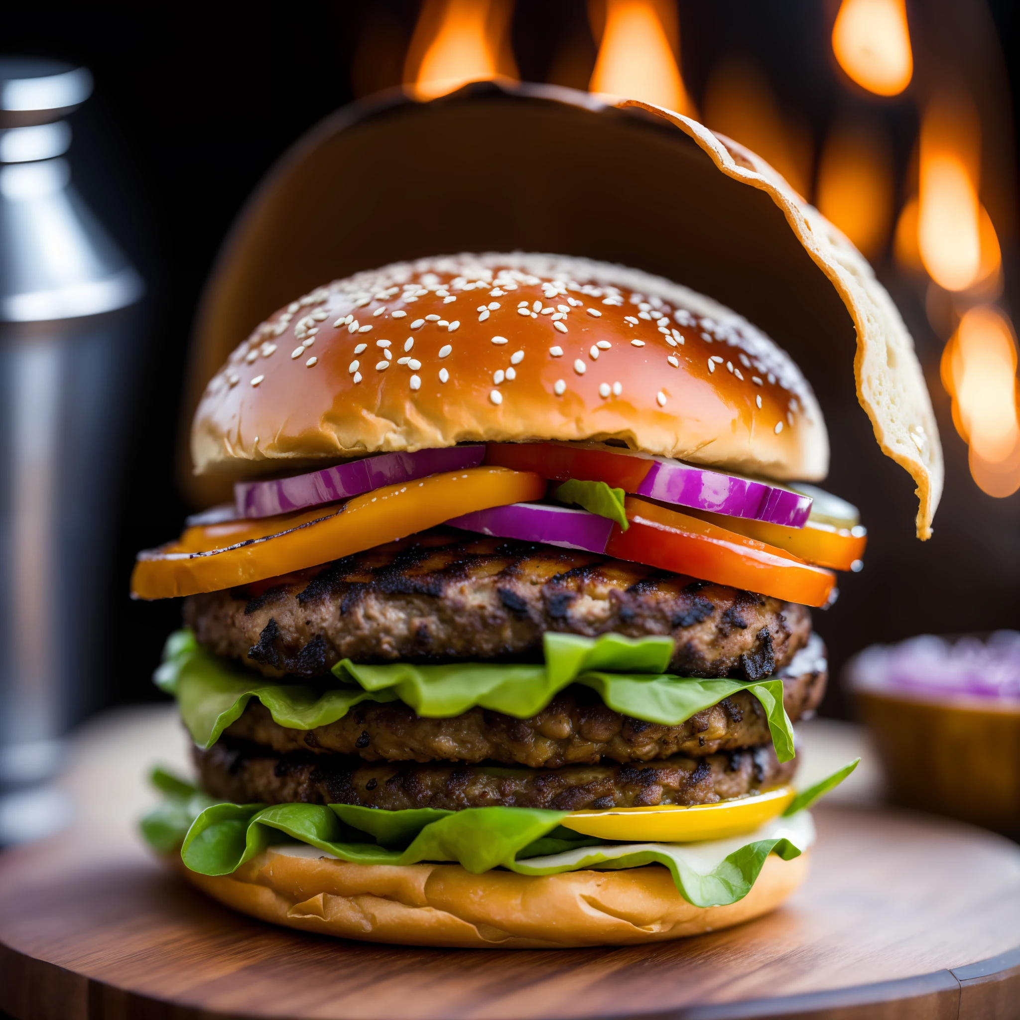 grilled burger, burger on a grill or barbecue, highlighting the grilling process, burger on a lightly toasted bun, with visible grill marks, ingredients, red onion and pickles, , 4K food photography, dark background, high-quality food photography, professional food photography