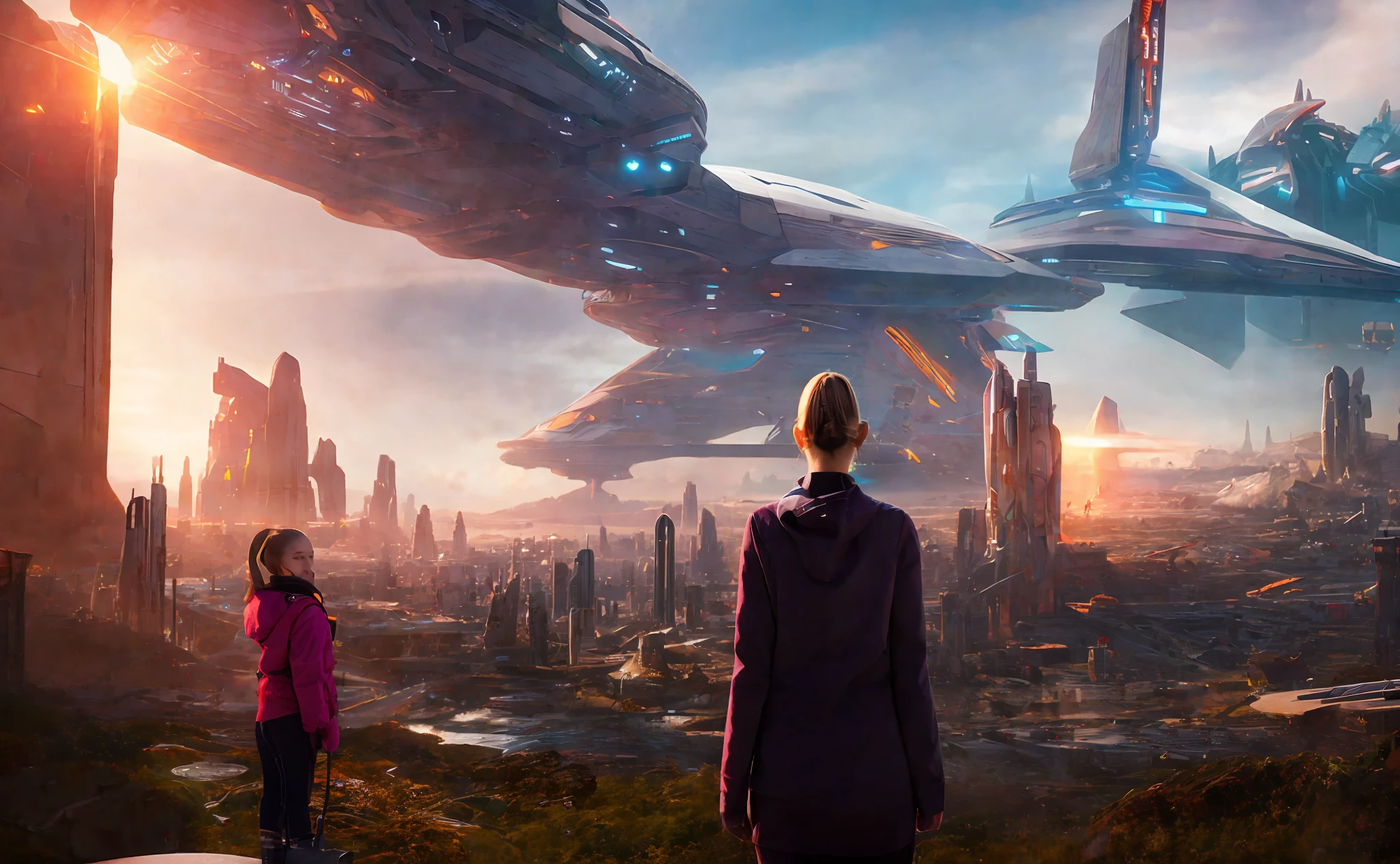 girl on golden background, futuristic sci-fi city landscape, sci-fi, ultra-realistic, high resolution, city