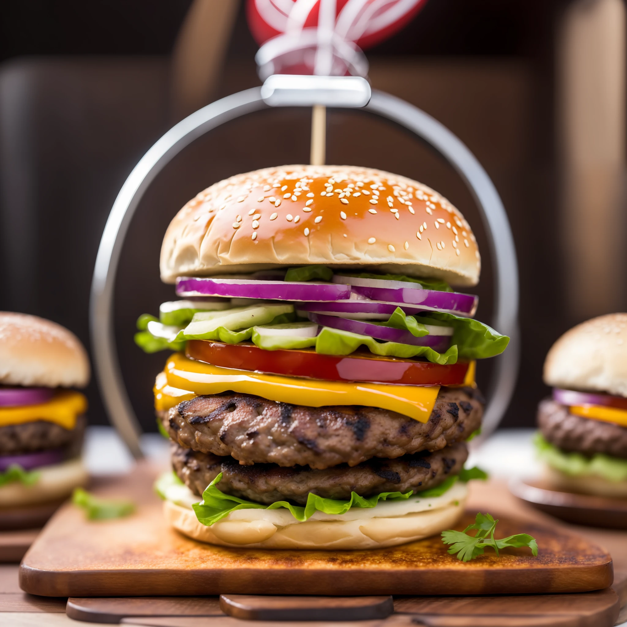 grilled burger, burger on a grill or barbecue, highlighting the grilling process, burger on a lightly toasted bun, with visible grill marks, ingredients, red onion and pickles, , 4K food photography, dark background, high-quality food photography, professional food photography