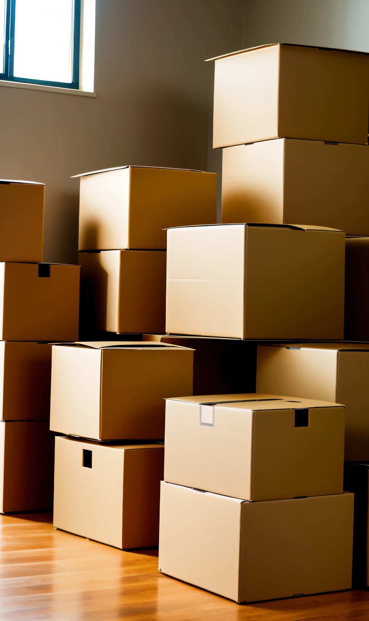 A person organizing an environment with cardboard boxes containing various items. Photo-realistic, with smooth, crisp lighting, ultra-realistic details, pleasing textures and accurate colors. (en)