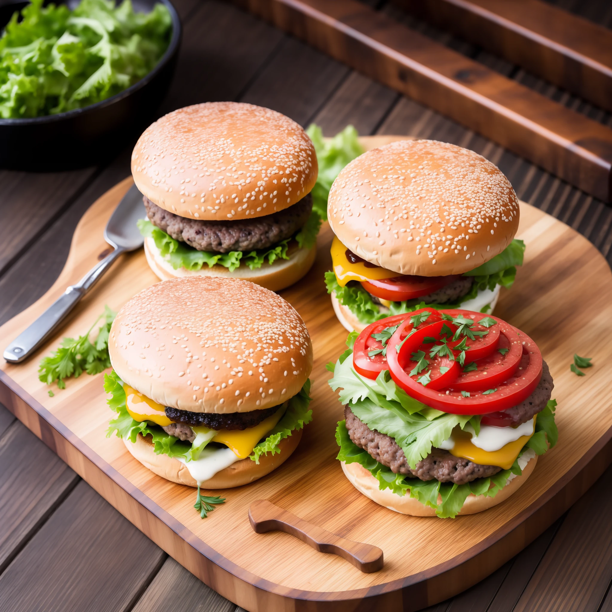 artisan burger, made with fresh ground beef and special condiments, juicy meat texture, with visible pieces, homemade sauces in small containers to enhance the craft experience, touch of rusticity, photographing the burger on a rustic wooden board, 4K food photography, dark background, high-quality food photography, professional food photography