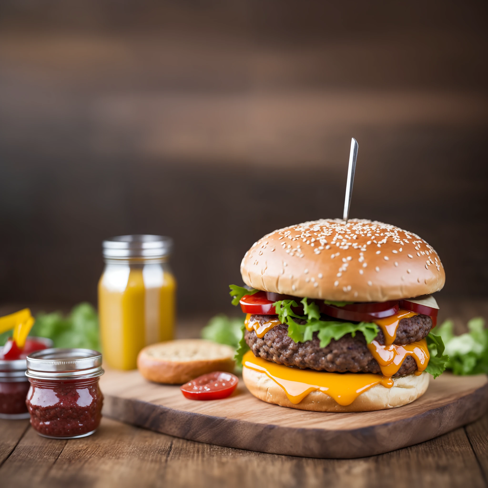 1handmade burger, made with fresh ground beef and special condiments, juicy meat texture, with visible pieces, homemade sauces in small containers to enhance the craft experience, touch of rusticity, photographing the burger on a rustic wooden board, 4K food photography, dark background, high quality food photography, professional food photography