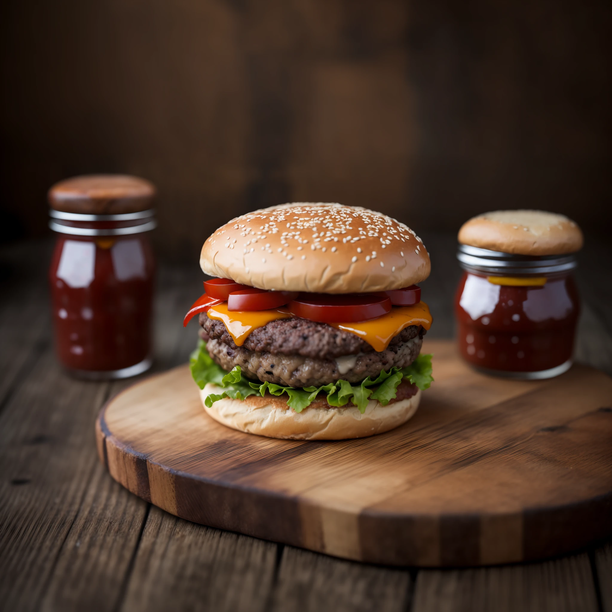 1handmade burger, made with fresh ground beef and special condiments, juicy meat texture, with visible pieces, homemade sauces in small containers to enhance the craft experience, touch of rusticity, photographing the burger on a rustic wooden board, 4K food photography, dark background, high quality food photography, professional food photography
