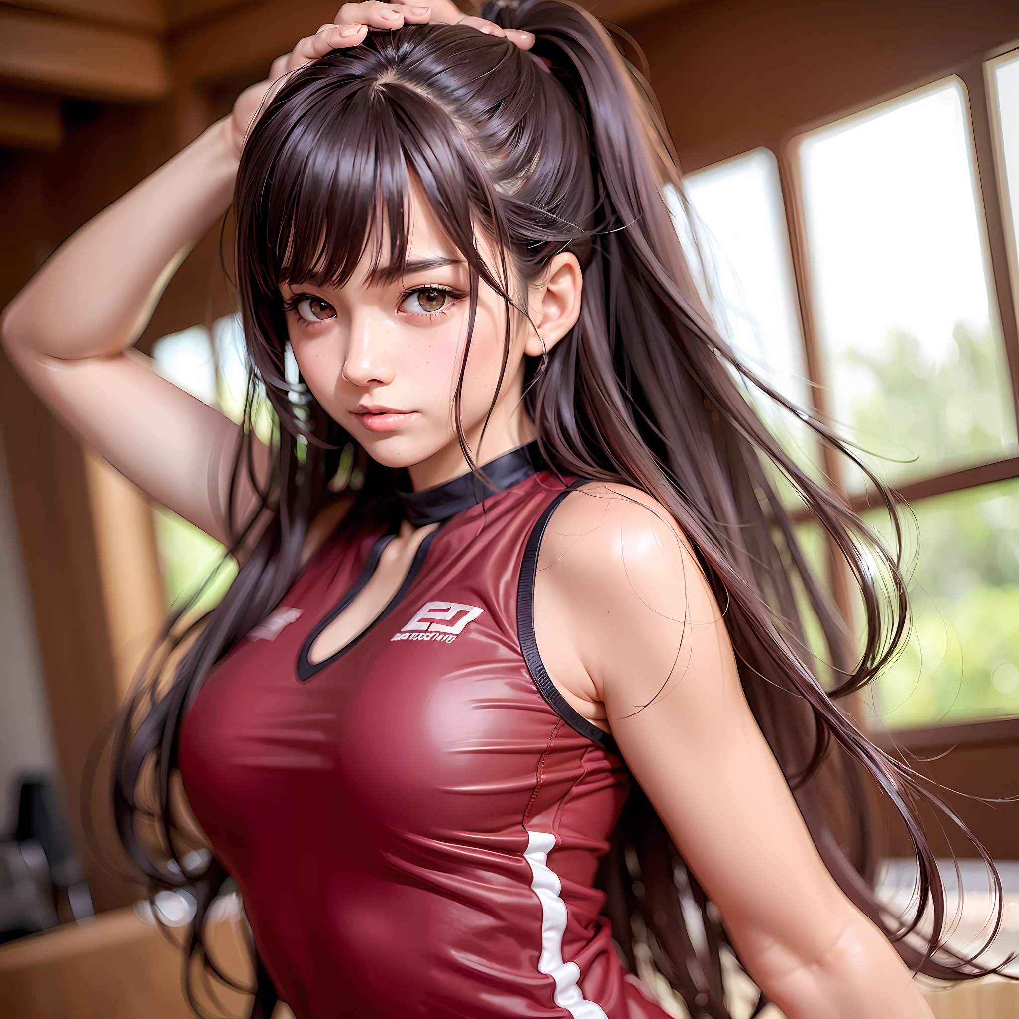 (Highly detailed skin, normal length hair, lightly wavy hair, weeping bangs, dark brown hair, beautiful detailed hair, delicate beautiful face, seductive smile, beautiful detailed eyes, large_breasts, real skin texture), (volleyball uniform, red uniform, athletics, sunlight)), standing, highly detailed 8K wallpaper, very accurate details, (big, 20yo, , appeal, sexy), (narrow eyes, blush, dark brown eyes), Japan person, attractive face, perfect body, oiled skin, glistening skin, high gloss skin, constriction, professional lighting, cowboy_shot,