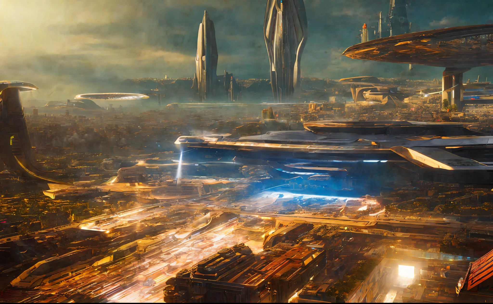 landscape of a futuristic city of science fiction, science fiction, ultra realistic, high resolution, city, sunlight, ultra detailed