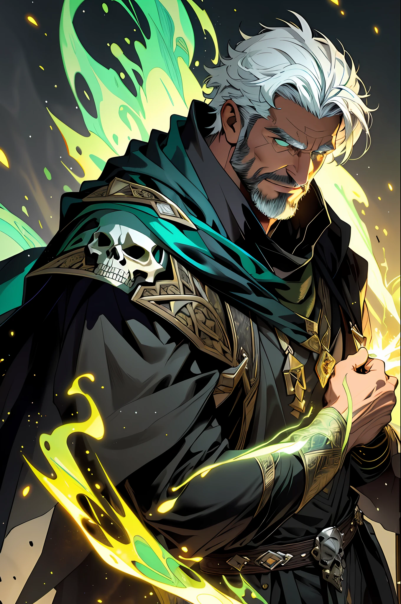 Best quality, masterpiece, ultra high res,detailed background,realistic,hadesstyle,solo,male,mature,bara,muscular,mature male,short hair,facial hair,wizard,necromancer,skull,green fire,horror \(theme\),dark fantasy,evil,cape,depth of field