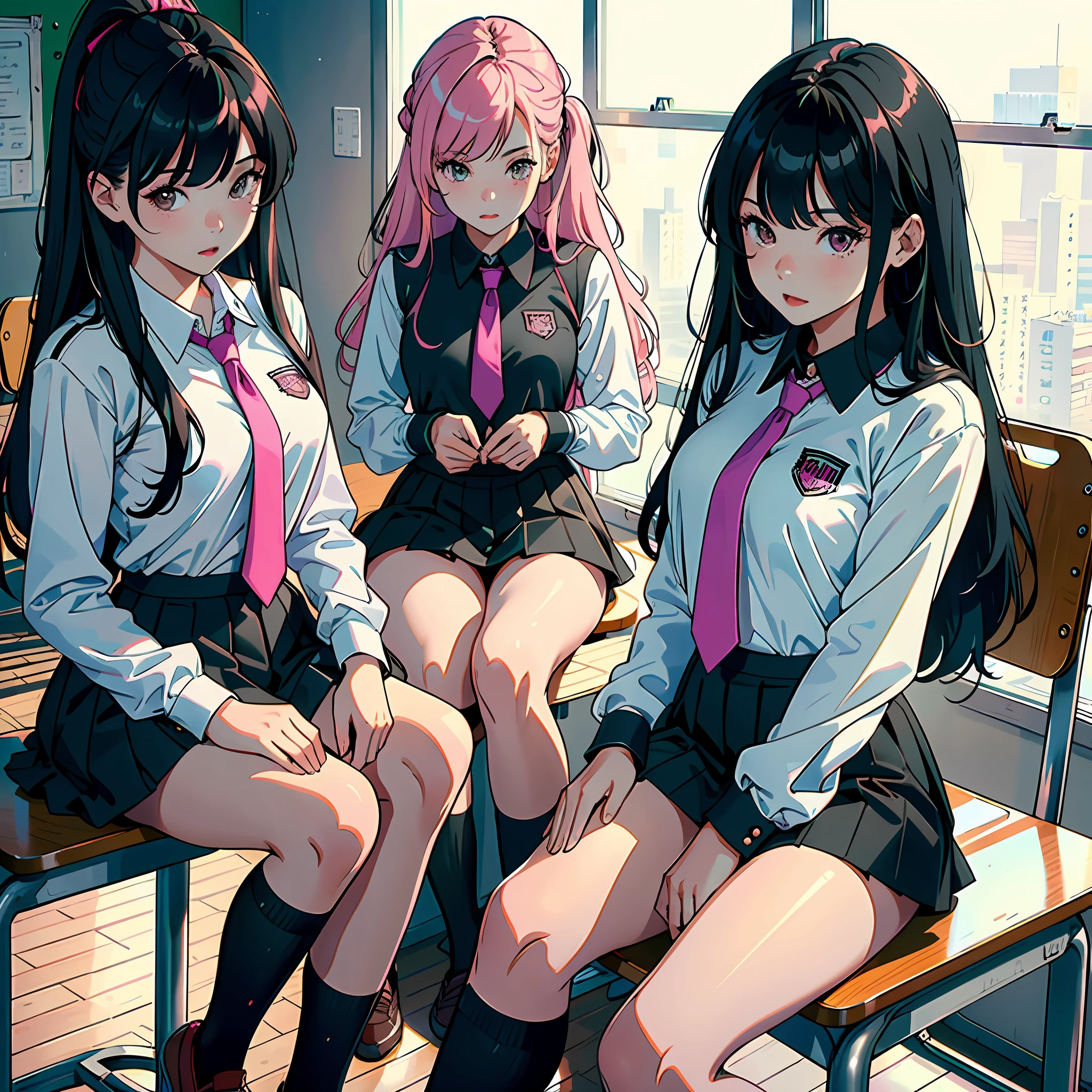 Ultra high resolution, 16k, ((masterpiece)), ((best quality))), ((super detailed)), with 2 girls, one girl with long black hair, one girl with long pink hair, high school uniform, in the classroom, sitting on a stool