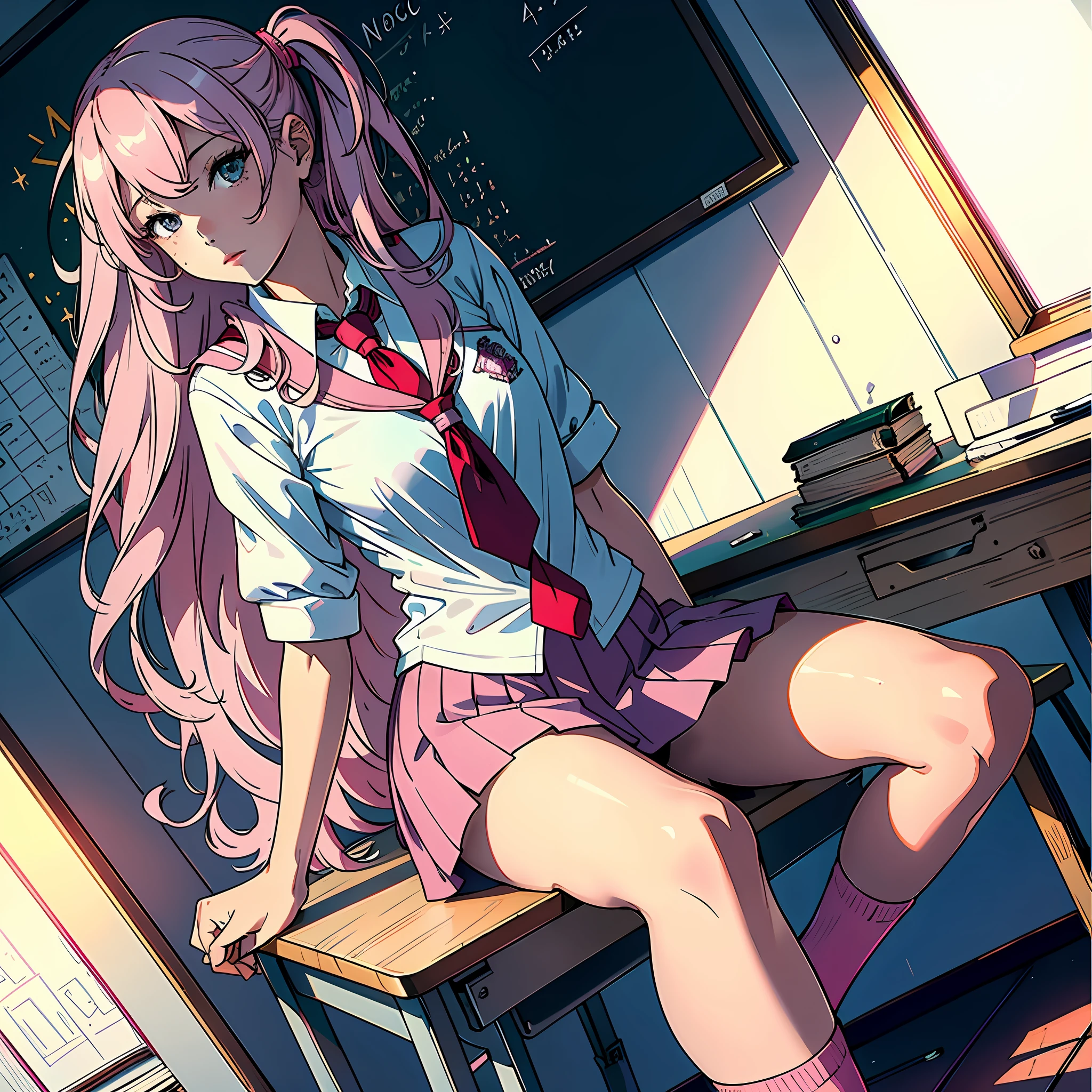 Ultra high resolution, 16k, ((masterpiece)), ((best quality))), ((super detailed)), a girl, long pink hair, high school uniform, in classroom, sitting on a stool