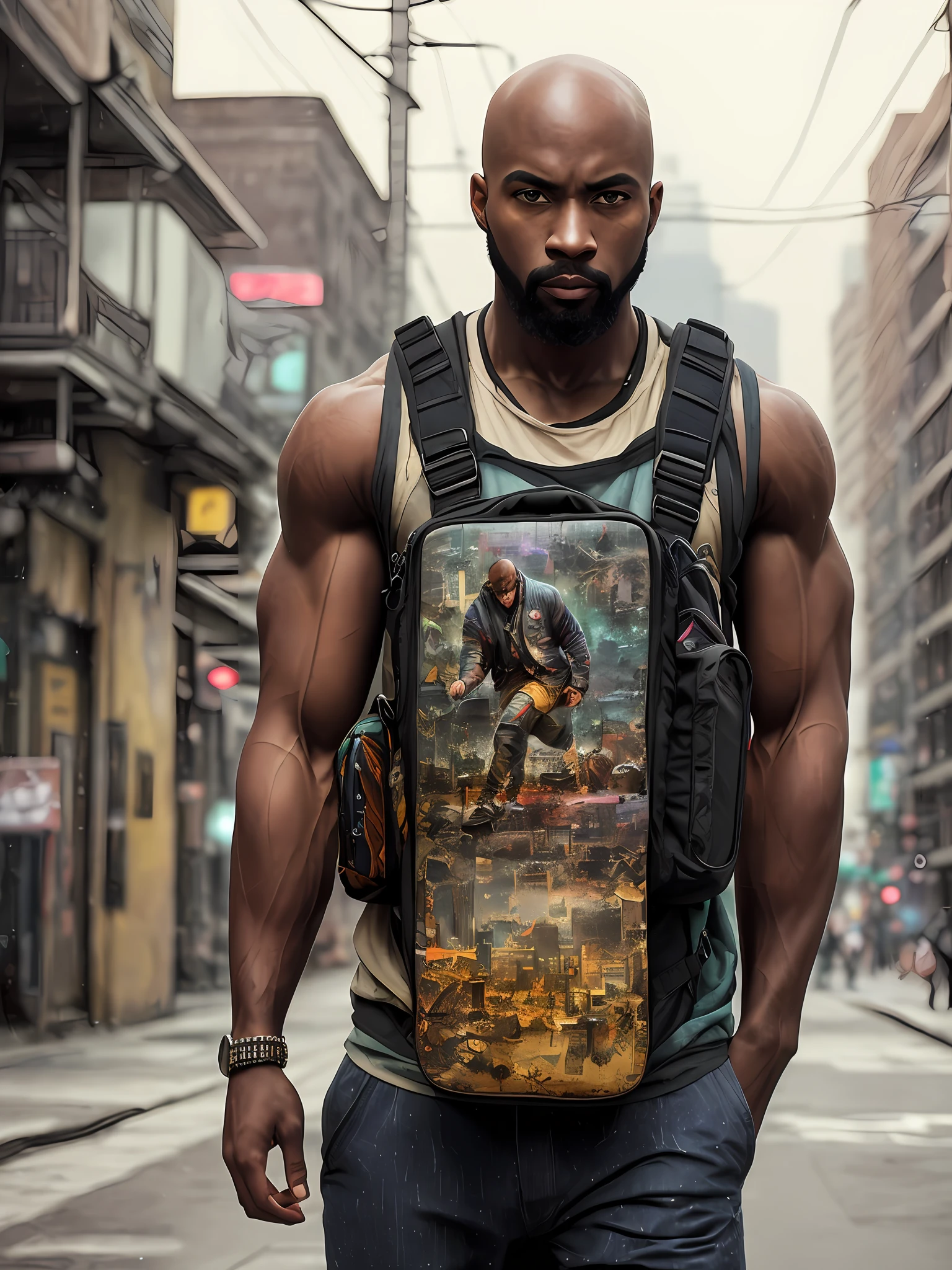Black man, bald, strong and muscular, angry street, backpack, realistic epic, photo, faded, complex things around, intricate background, soaked, neutral colors, ((((hdr)))), ((((soft colors)))), intricate scene, artistic station, intricate details, vignette