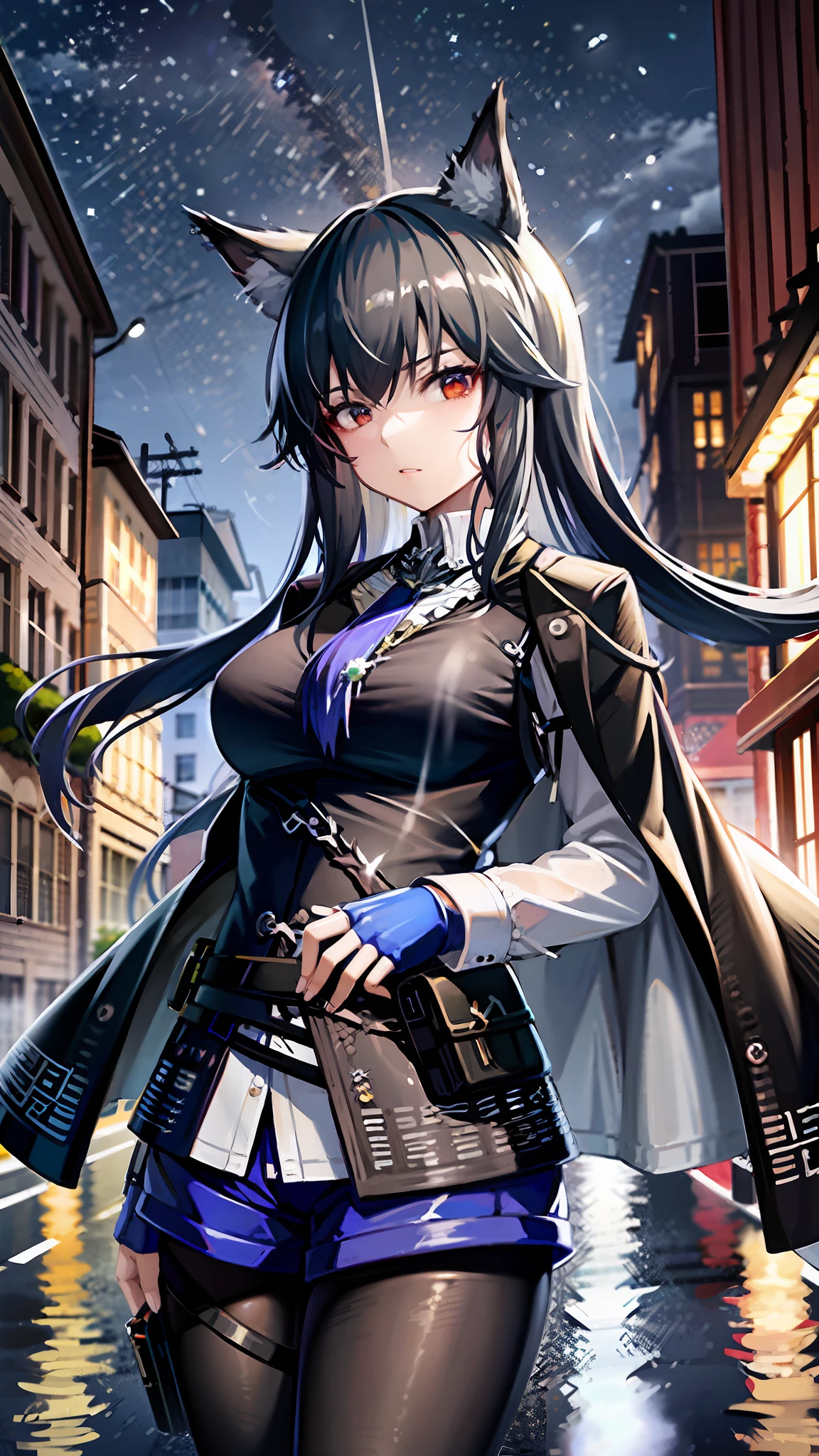 (8k, RAW photo, best quality, master:1.1), (realistic, photo-realistic), omertosa,1girl,arknights,cute,cityscape,night,rain,wet,city street,standing facing viewer,black hair,open clothes ,bare_shoulders, 蓝裙子, 黑丝袜, 专业灯光, 光子贴图, 光能传递, 基于物理的渲染,