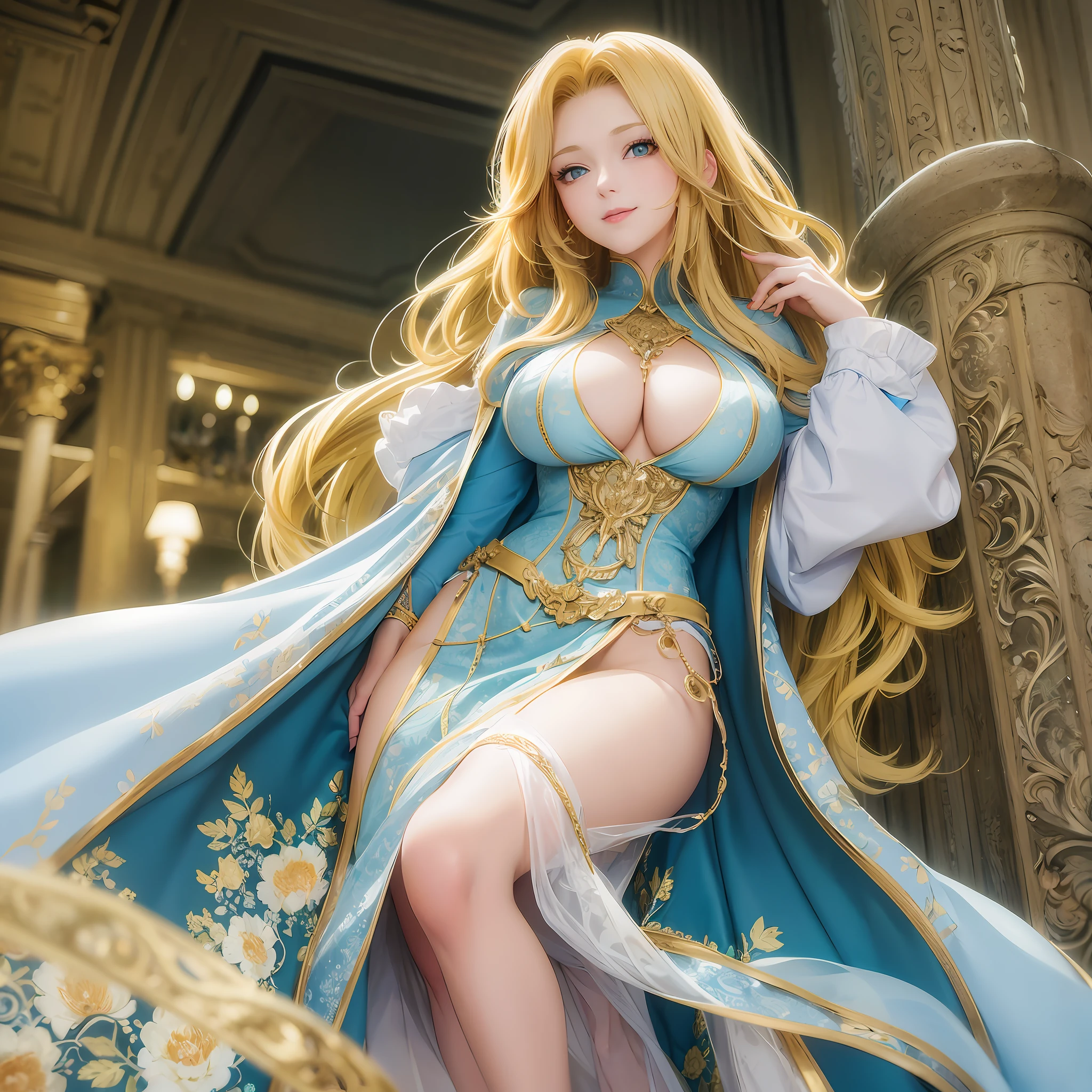 Anime style image of a woman with yellow,straight and big hair.blue eyes, fair skin, delicate appearance, smiling, reddened lips, large breasts, thin waist, big ass and wearing a green overcoat and a white dress.full body. --auto --s2