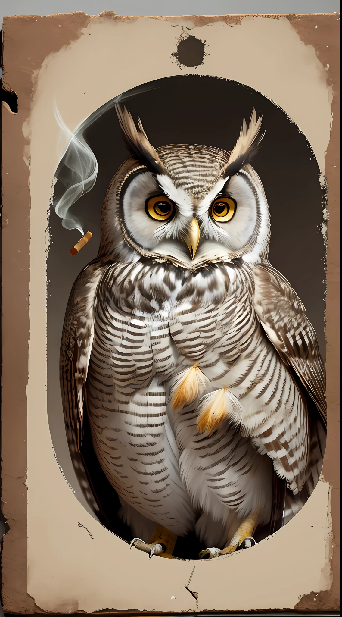 there is a picture of an owl with a cigarette in its mouth, the wisest of all owls, ultra realistic illustration, realistic illustration, ultrarealistic illustration, owl, nite - owl, an owl, owl wizard, owl feathers, hyperrealistic illustration, photorealistic illustration, highly detailed illustration, owls, highly detailed realistic, highly detailed digital artwork, realistic highly detailed