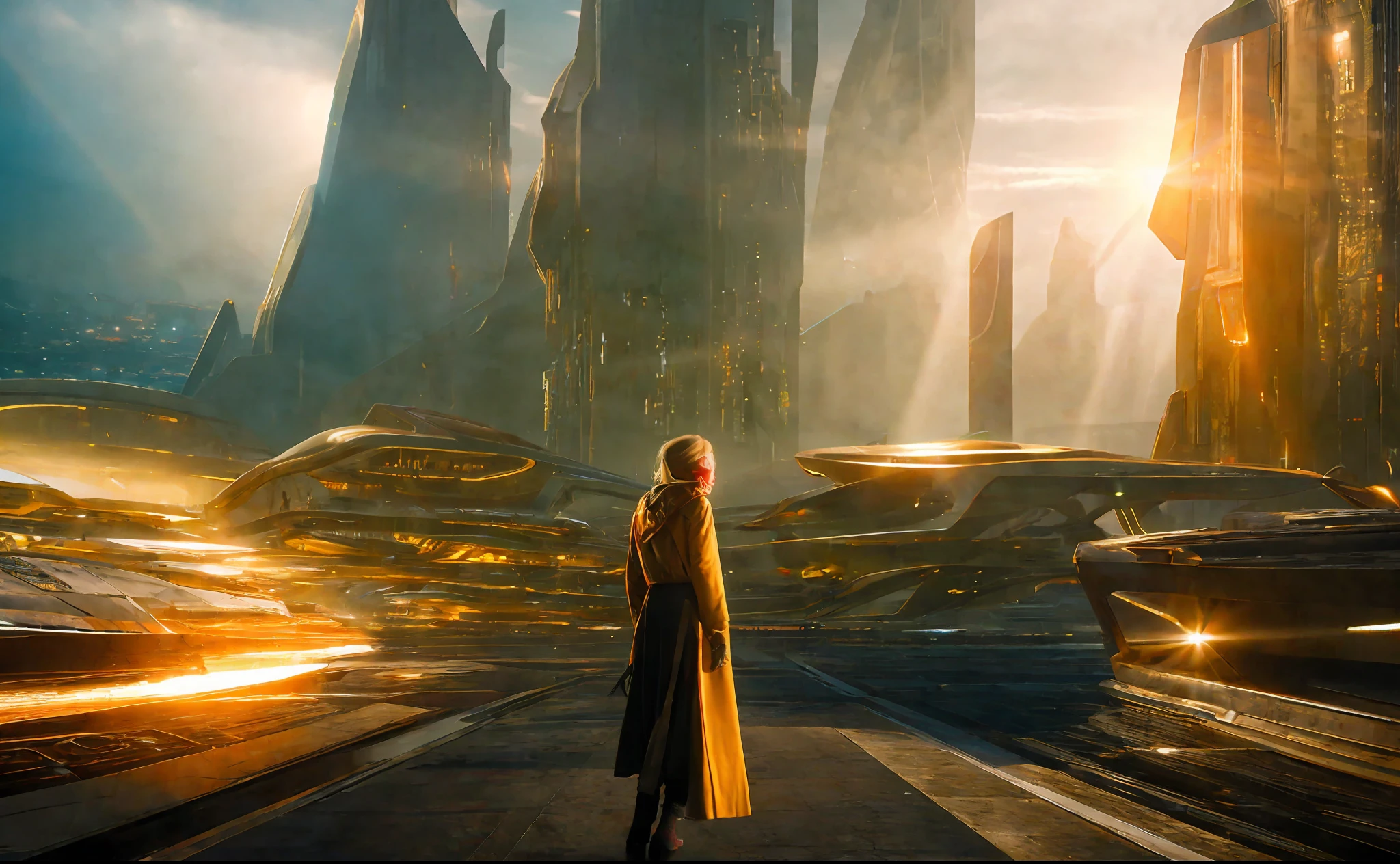 girl in background, golden rays light, golden flashes, futuristic sci-fi city landscape, sci-fi, ultra-realistic, high resolution, city