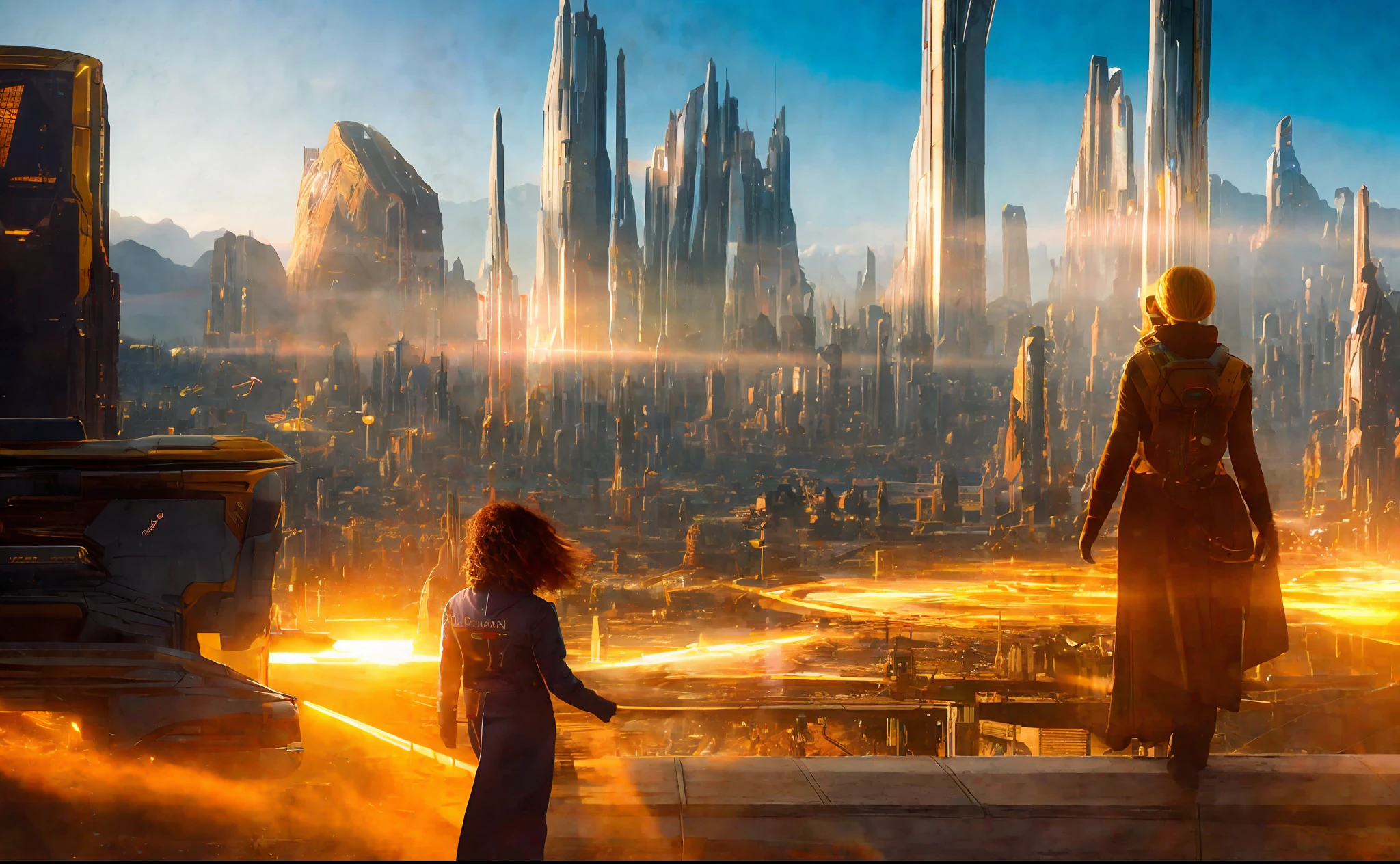 girl in background, golden rays light, golden flashes, futuristic sci-fi city landscape, sci-fi, ultra-realistic, high resolution, city
