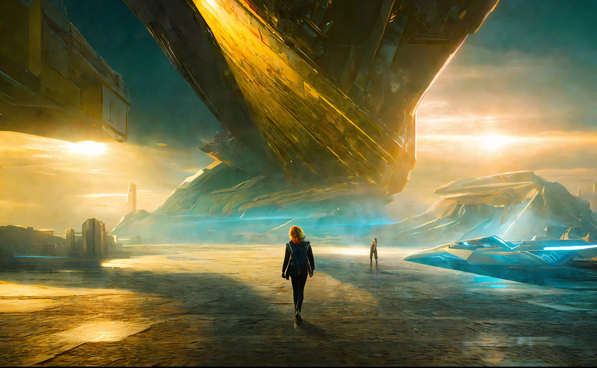 girl in background, golden rays light, golden flashes, futuristic sci-fi city landscape, sci-fi, ultra-realistic, high resolution, city
