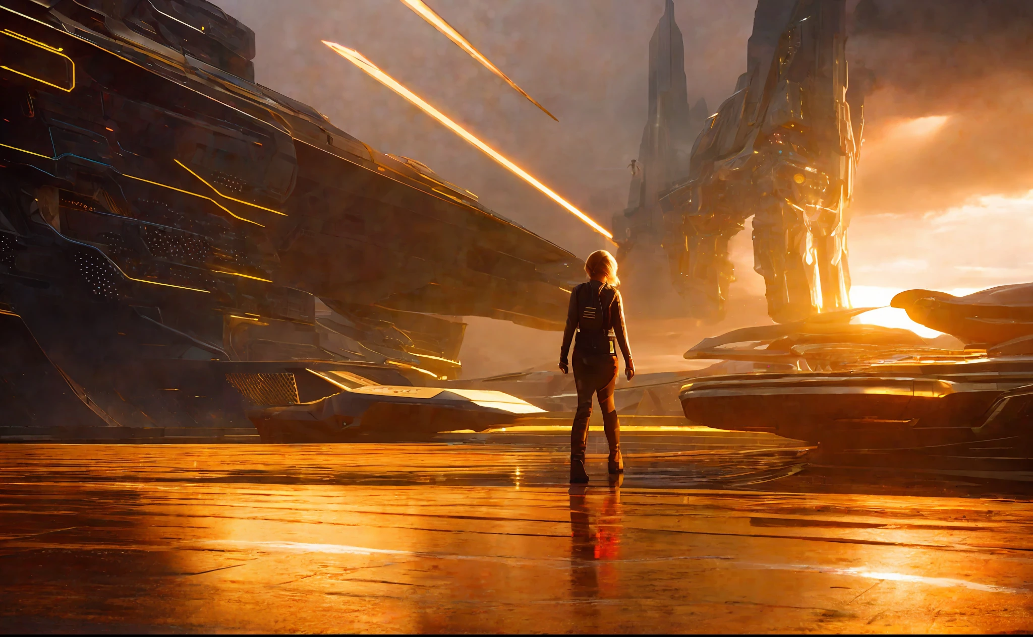 girl in background, golden rays light, golden flashes, futuristic sci-fi city landscape, sci-fi, ultra-realistic, high resolution, city