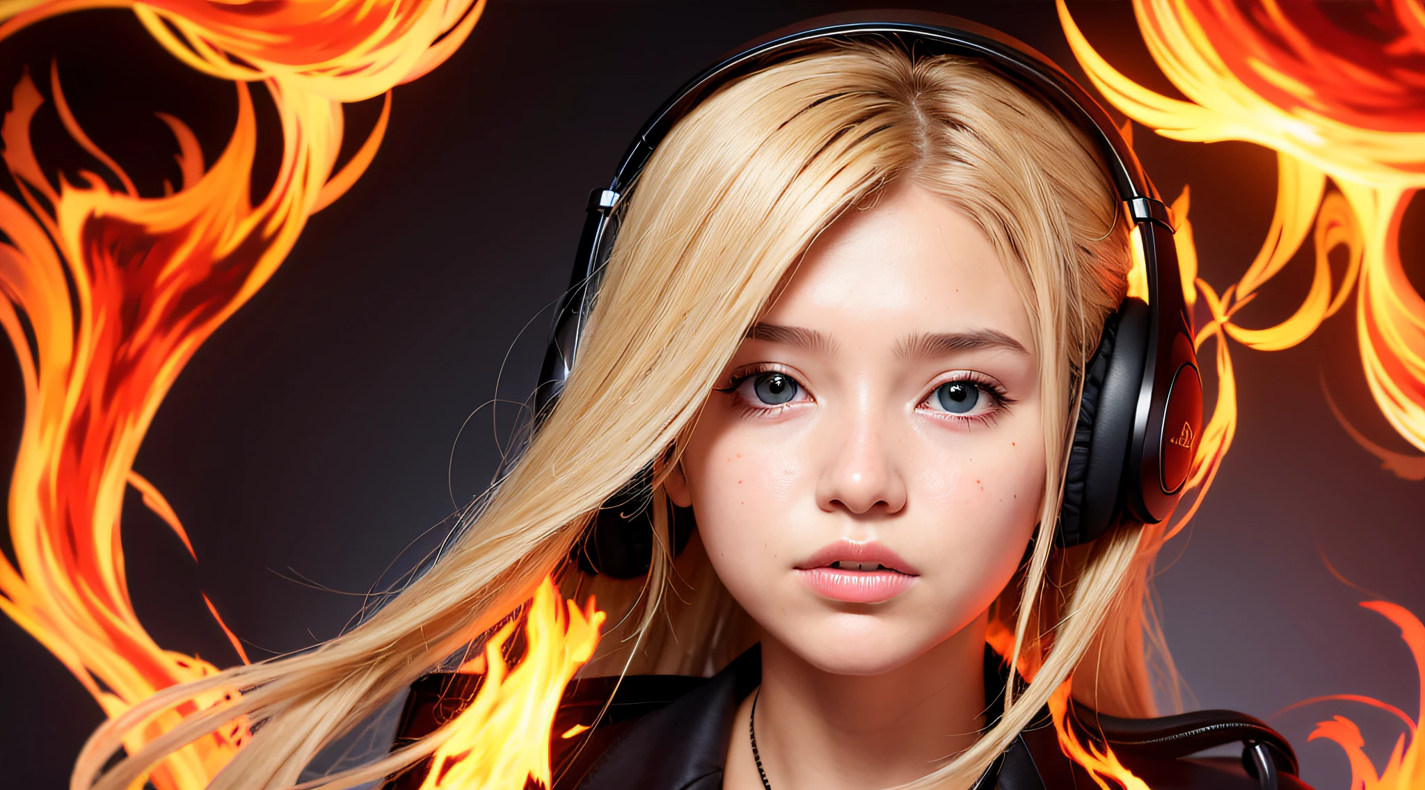 there is a 14 YEAR OLD GIRL in black top and headphones, LONG BLONDE HAIR, PORTRAIT STYLE, CLOSE UP, portrait photo, background art, wearing tumultuous flames, flames surround her, her body made of flames, on fire, on fire, goddess of hot fire, girl wearing headphones, burning in hell, flames around her body, Her hair is on fire, intense steaming, burning atmosphere, engulfed in swirling flames
