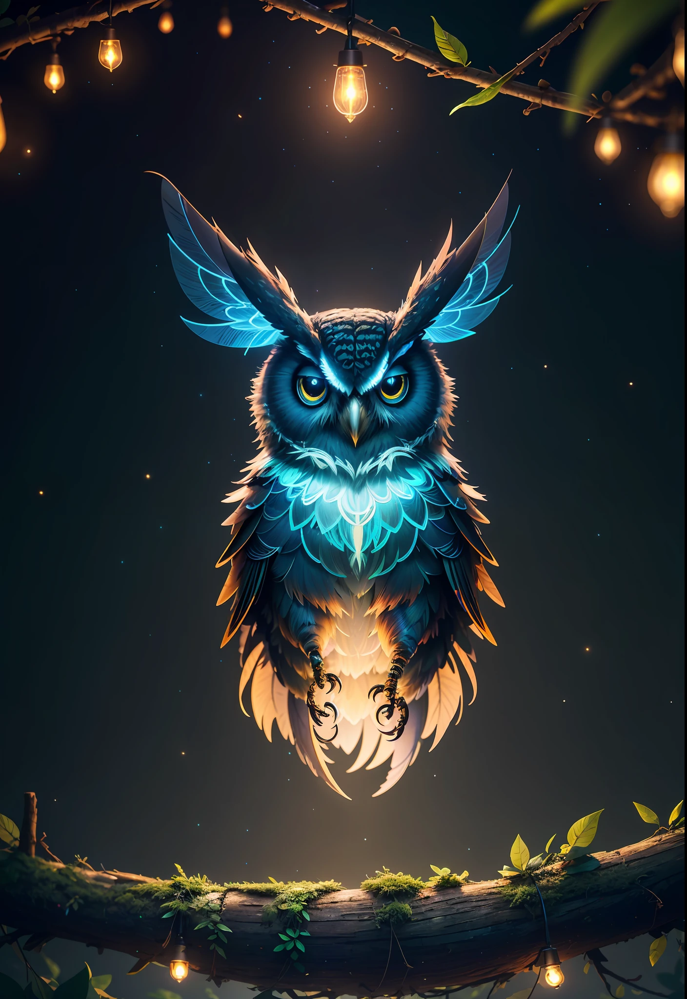 Masterpiece, best quality, extremely beautiful reflection, best reflection. (Very detailed CG unity 8k wallpaper), (best quality), (best illustration), (best shadow), a photo of a cybernetic owl, perched on barbed wire in a dark alley. His eyes are neon blue, reflecting the lights of the surrounding city. The feathers are fragmented and iridescent, and there is a wonderful code running through them. The shots used create a deformation effect, giving the impression that an owl is observing the viewer from all angles, with a forest theme with natural elements. Tall trees, quiet stream, glowing small mushrooms surrounded by delicate leaves and branches, and fireflies and glowing particle effects, (natural elements), (jungle theme), (leaves), (branches), (fireflies), butterflies, (delicate leaves), (glow), (particle effects), isometric 3D, Octane rendering, ray tracing, super detailed