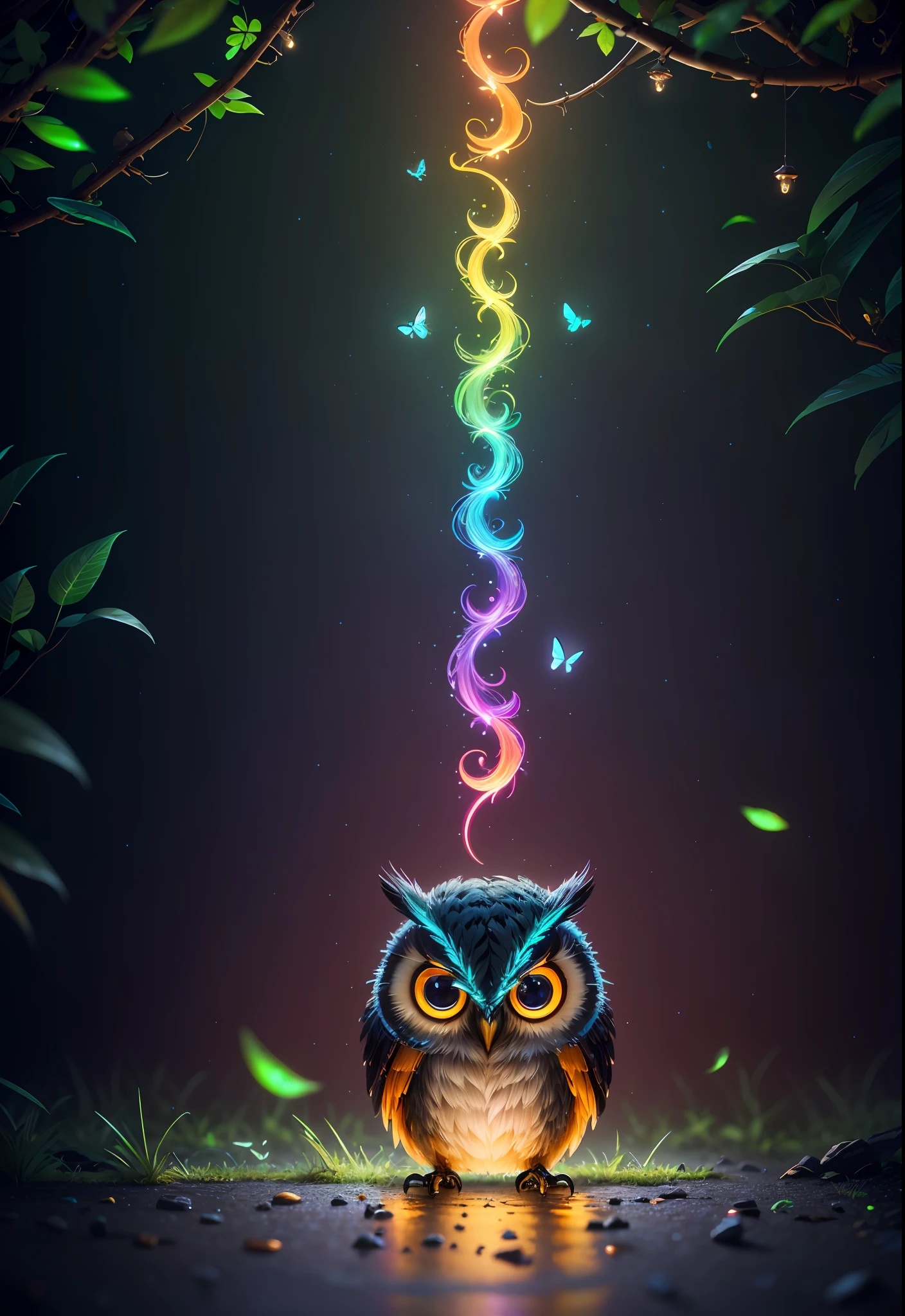 Masterpiece, best quality, extremely beautiful reflection, best reflection. (Very detailed CG unity 8k wallpaper), (best quality), (best illustration), (best shadow), a photo of a cybernetic owl, perched on barbed wire in a dark alley. His eyes are neon blue, reflecting the lights of the surrounding city. The feathers are fragmented and iridescent, and there is a wonderful code running through them. The shots used create a deformation effect, giving the impression that an owl is observing the viewer from all angles, with a forest theme with natural elements. Tall trees, quiet stream, glowing small mushrooms surrounded by delicate leaves and branches, and fireflies and glowing particle effects, (natural elements), (jungle theme), (leaves), (branches), (fireflies), butterflies, (delicate leaves), (glow), (particle effects), isometric 3D, Octane rendering, ray tracing, super detailed