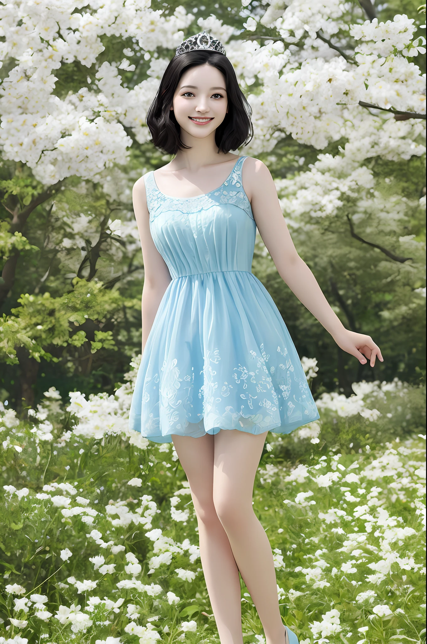 cute girl photo realistic,stands in a park where white clover blooms all around, exquisite and beautiful face, pretty face, (peach Red lips:1.1),pale skin, snow white skin, milky skin, smooth translucent skin, tender and smooth skin,(black hair:1.2),short hair,smile, exquisite collarbone, seductive and delicate collarbone, charming fragrant shoulders, shoulders slightly exposed, open-shoulder dress,sky blue short skirt,sleeveless,(sleeve:-2.0),tiara,smile with teeth,bokeh, full body,very realistic details, ultra-high resolution,outstanding details